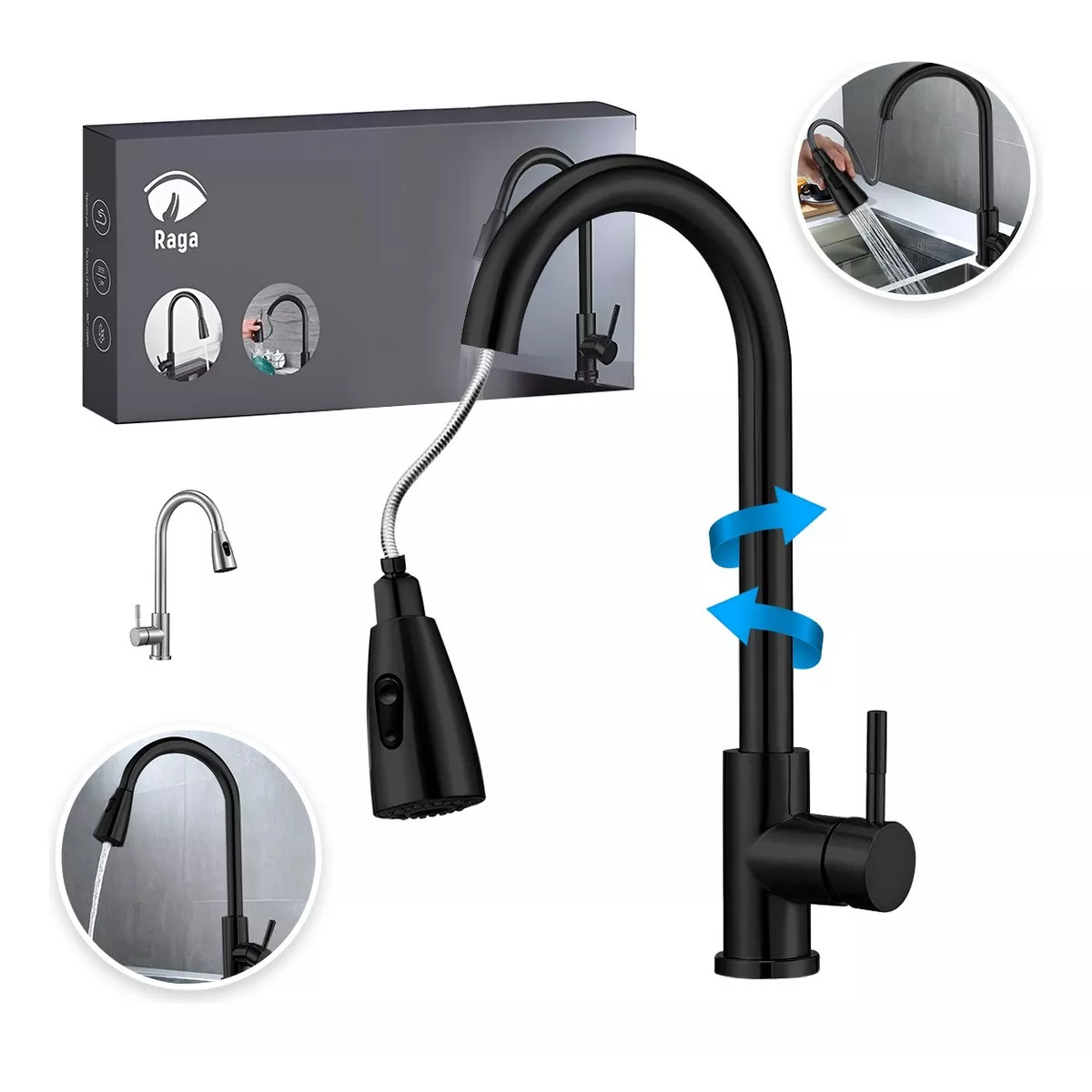 Grifo Cocina Monomando Extraíble Tarja Inoxidable Negro Mate