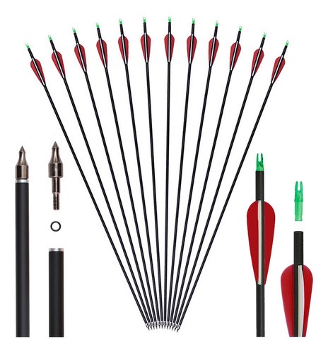 12 Flechas Para Arco Compuesto Recurvo Fibra De Carbón 7.8mm negro/rojo