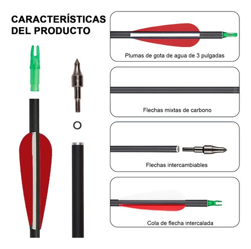 12 Flechas Para Arco Compuesto Recurvo Fibra De Carbón 7.8mm negro/rojo