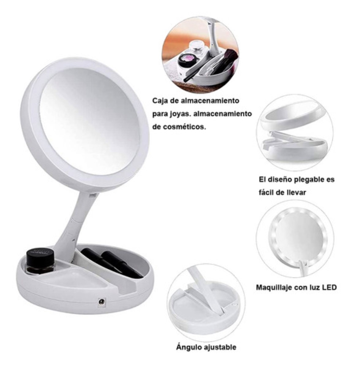 Espejo De Maquillaje Luz Led Doble Cara Ajustable Plegable Color del marco  Blanco