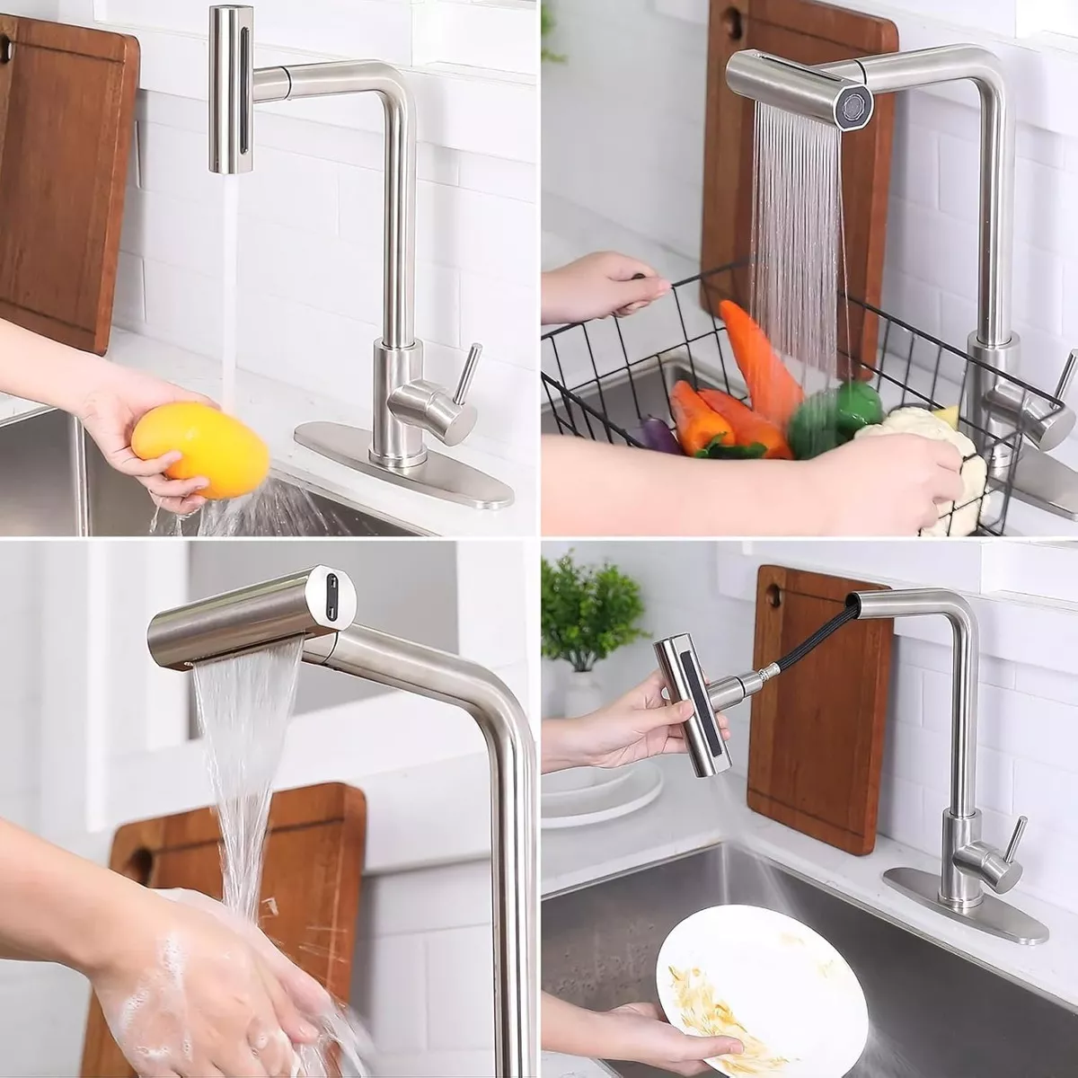 4 En 1 Llave Mezcladora Para Fregadero Cocina Grifería De Cocina Brillante Plateado