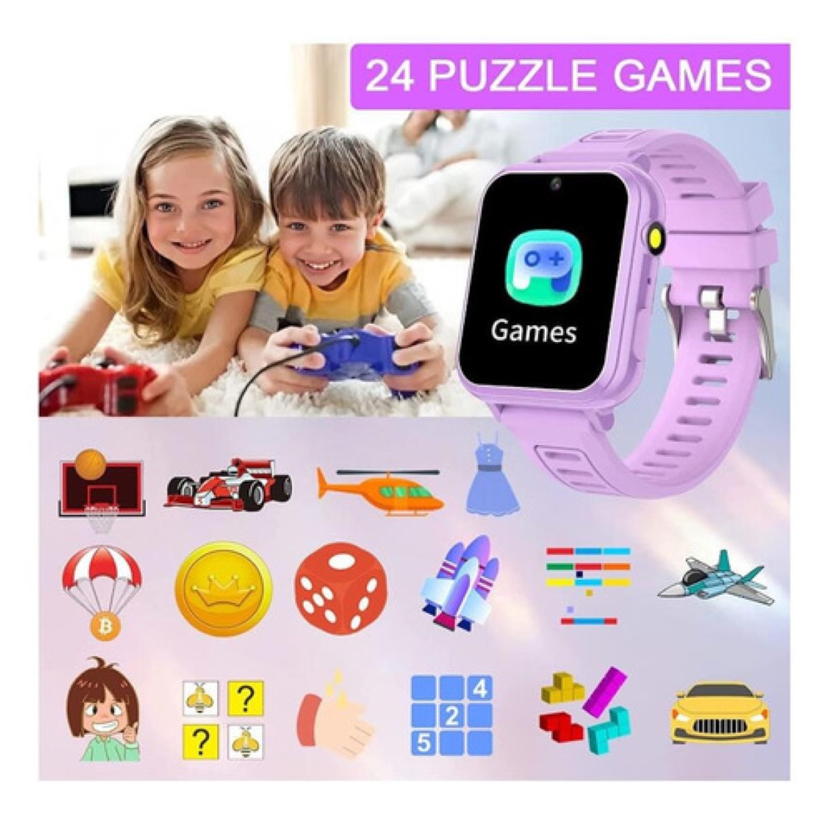 Reloj Inteligente Con Cámara Y 24 Juegos Para Niños lila