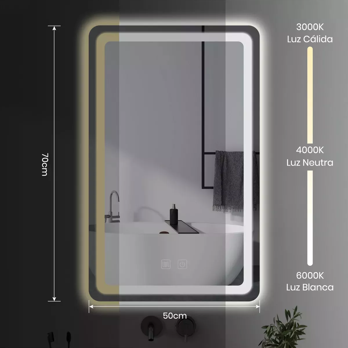 Espejo Inteligente Con Luz Led 70cm*50cm Cuadrado 110v/220v Touch 3 Modos