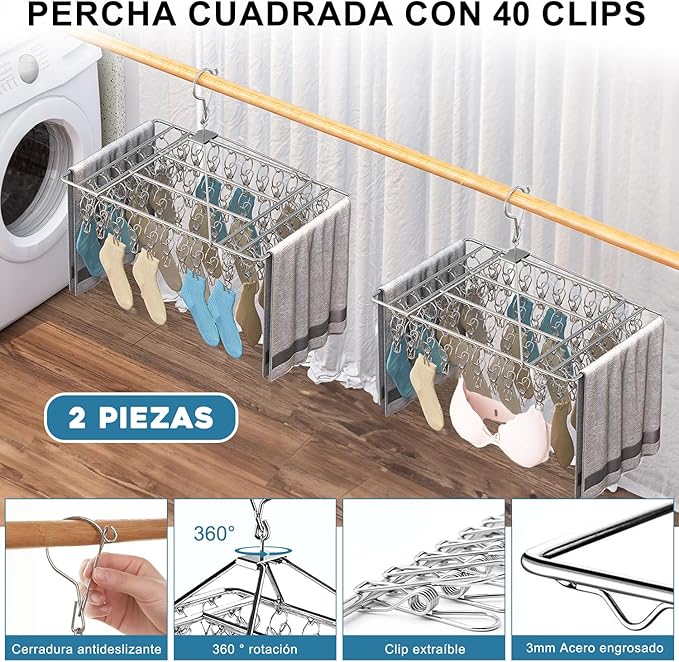 A , Rack de Secado de Pinzas con Gancho Giratorio 360 grados para Secar Ropa Interior, Calcetines, Toallas