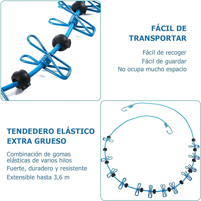 A Paquete 2 Tendedero Portátil, Tendedero Elástico Retráctil con 12 Pinzas