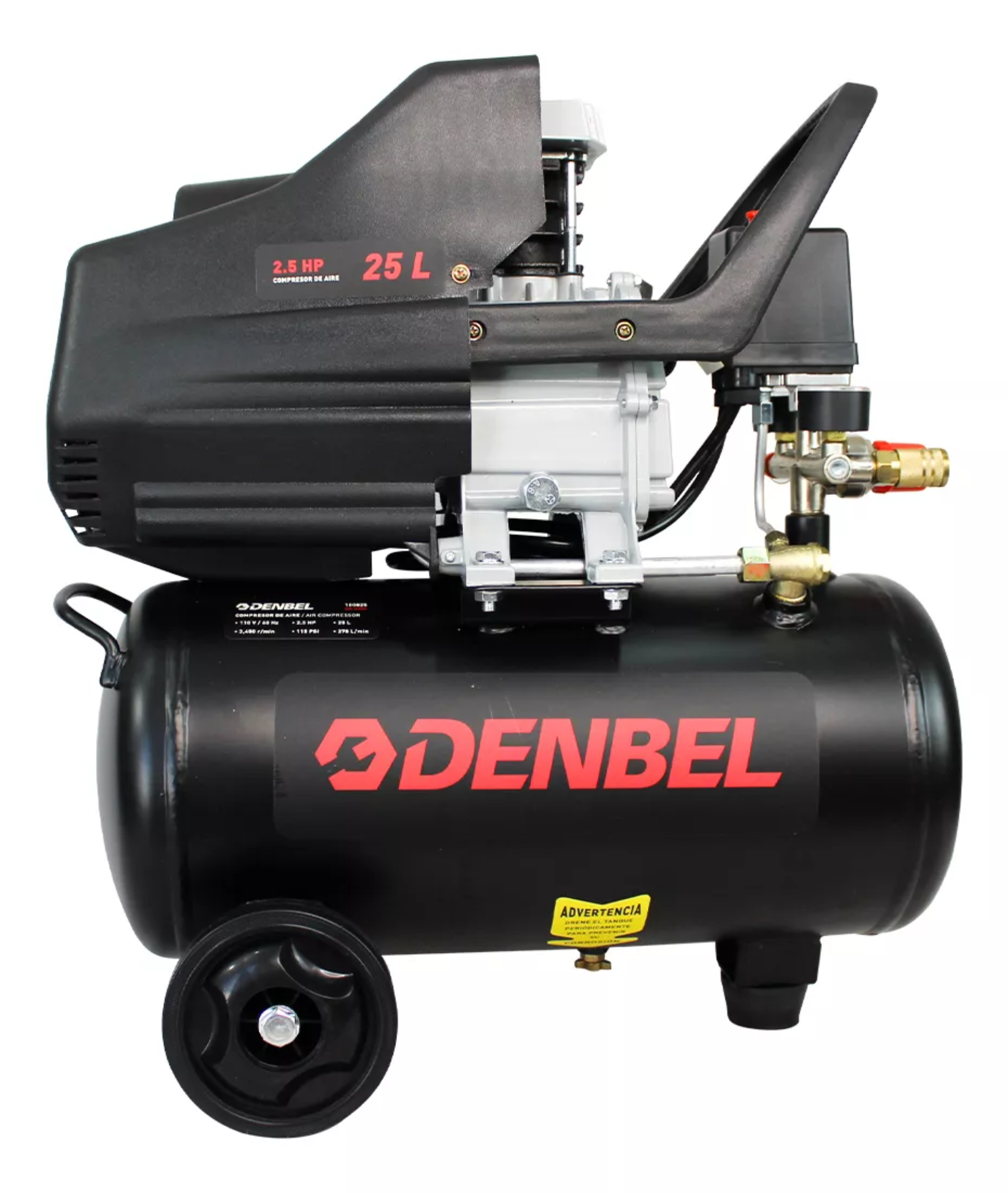 Compresor De Aire Eléctrico 2.5 HP Con Pistola De Gravedad 110v Tanque 25L Doble Salida de Aire Color Negro