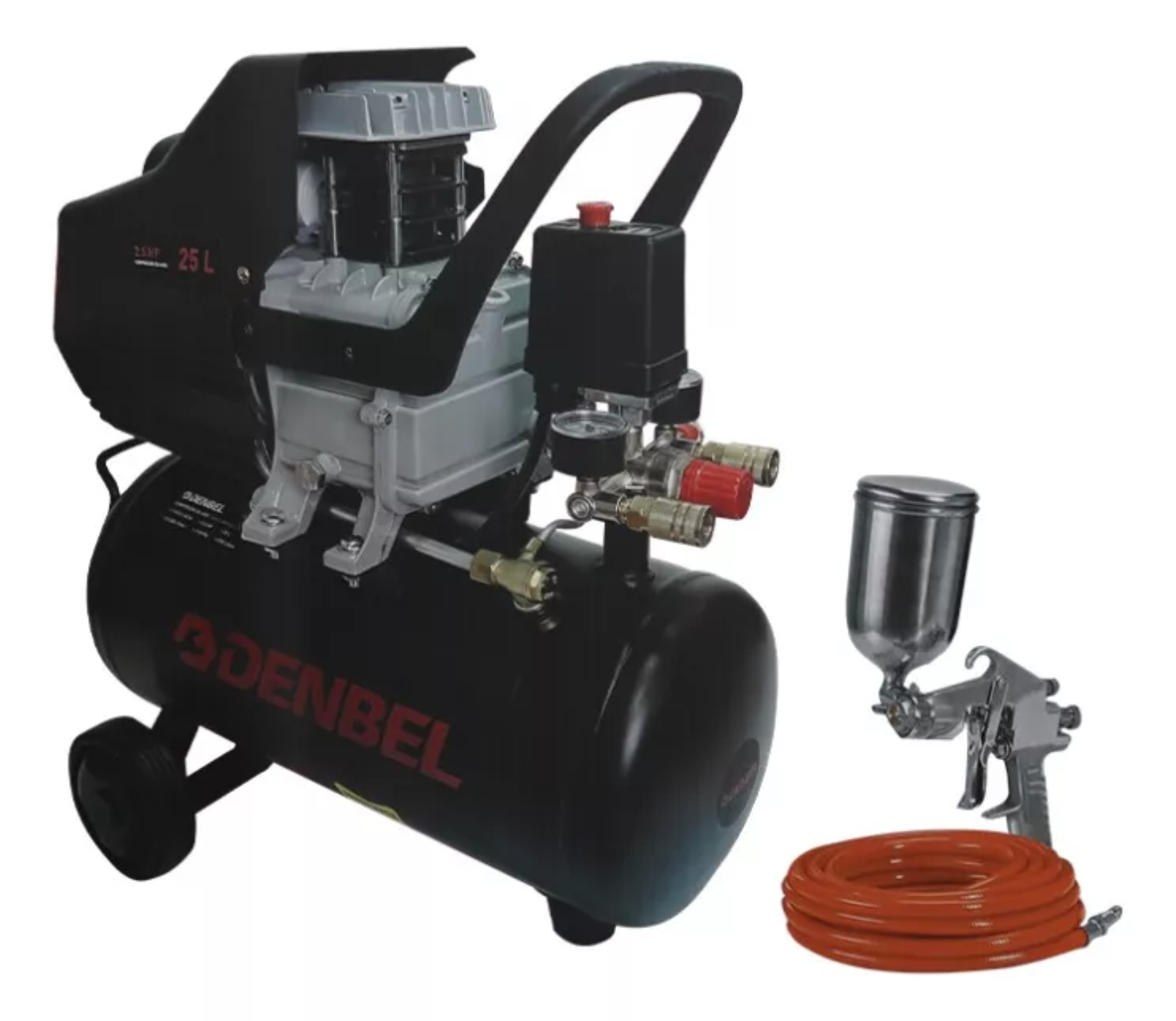 Compresor De Aire Eléctrico 2.5 HP Con Pistola De Gravedad 110v Tanque 25L Doble Salida de Aire Color Negro