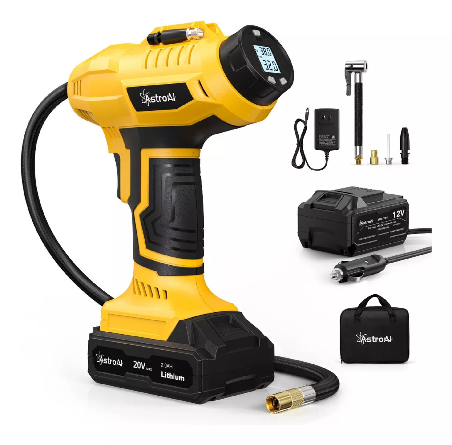 Inflador De Neumáticos Astroai Inalámbrico Color Amarillo Fase Eléctrica Monofásica