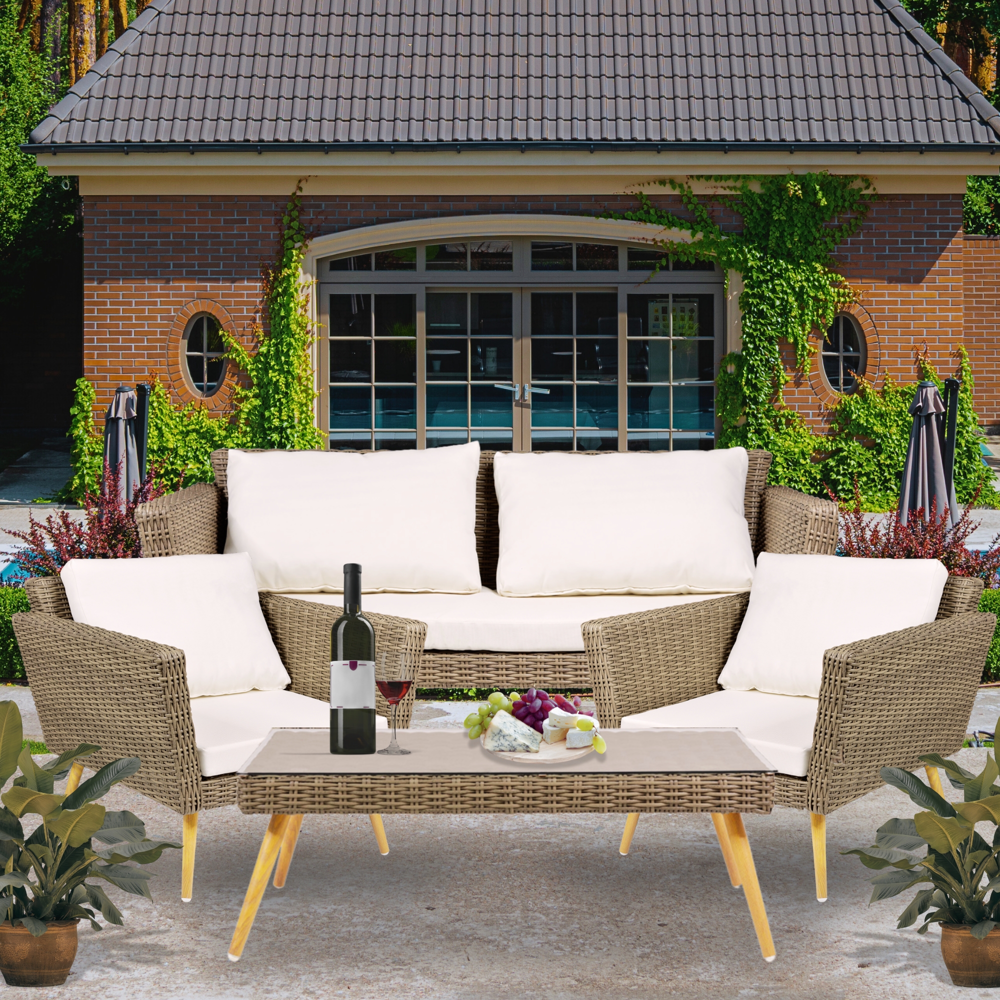 Sala Tipo Rattan Exterior Jardin Patio Terraza 4 Pz Beige.