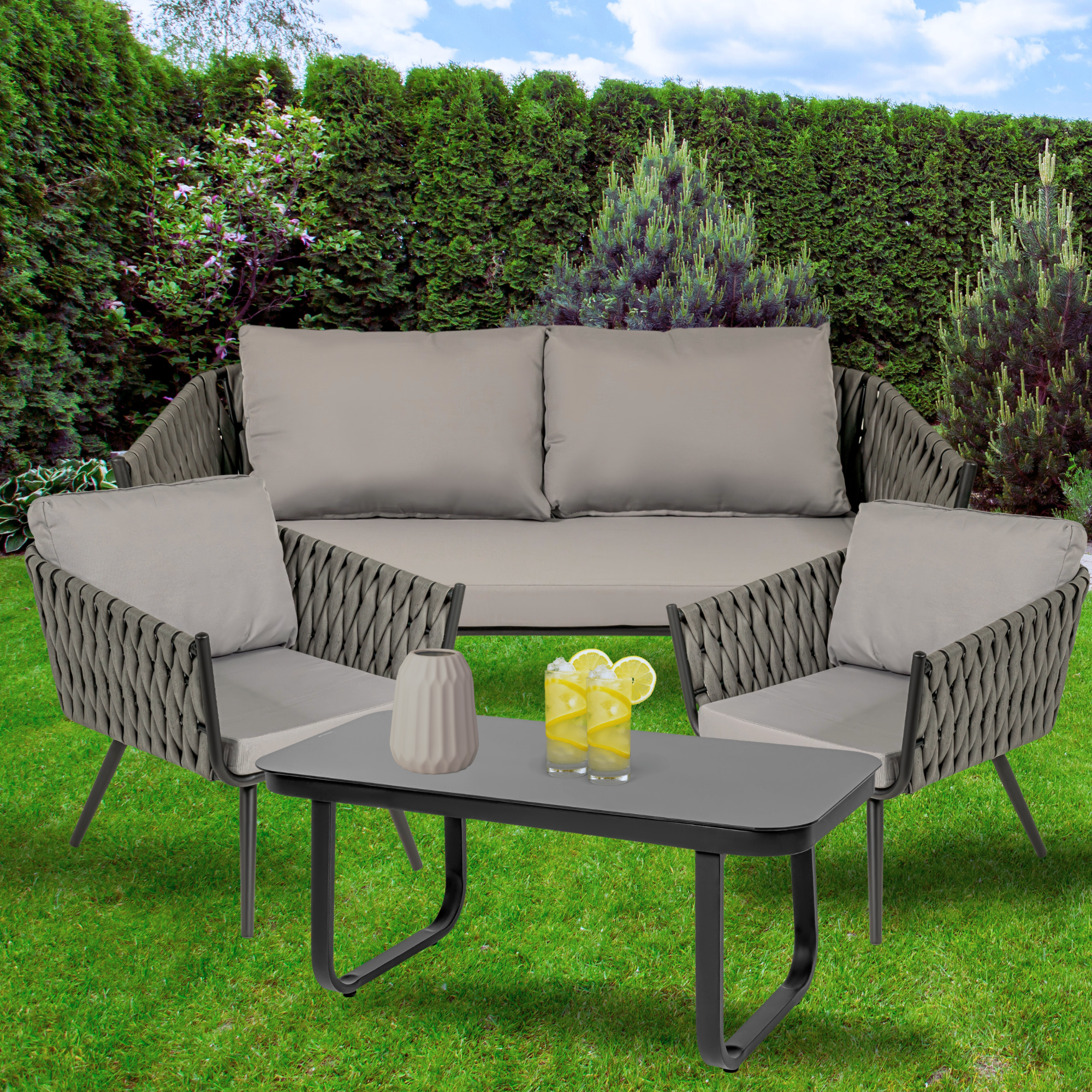 Sala Exterior Tipo Rattan Jardin Patio Terraza 4 Pz Gris.