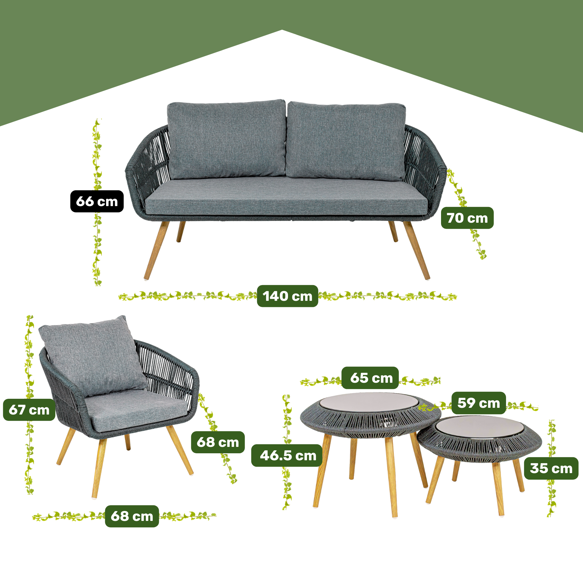 Sala Exterior Jardin Terraza Rattan 5 Pz Doble Mesa Negro .