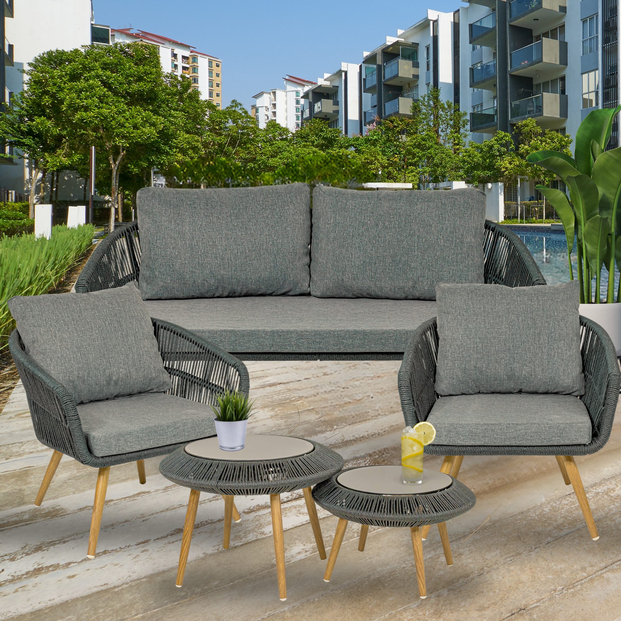 Sala Exterior Jardin Terraza Rattan 5 Pz Doble Mesa Negro .