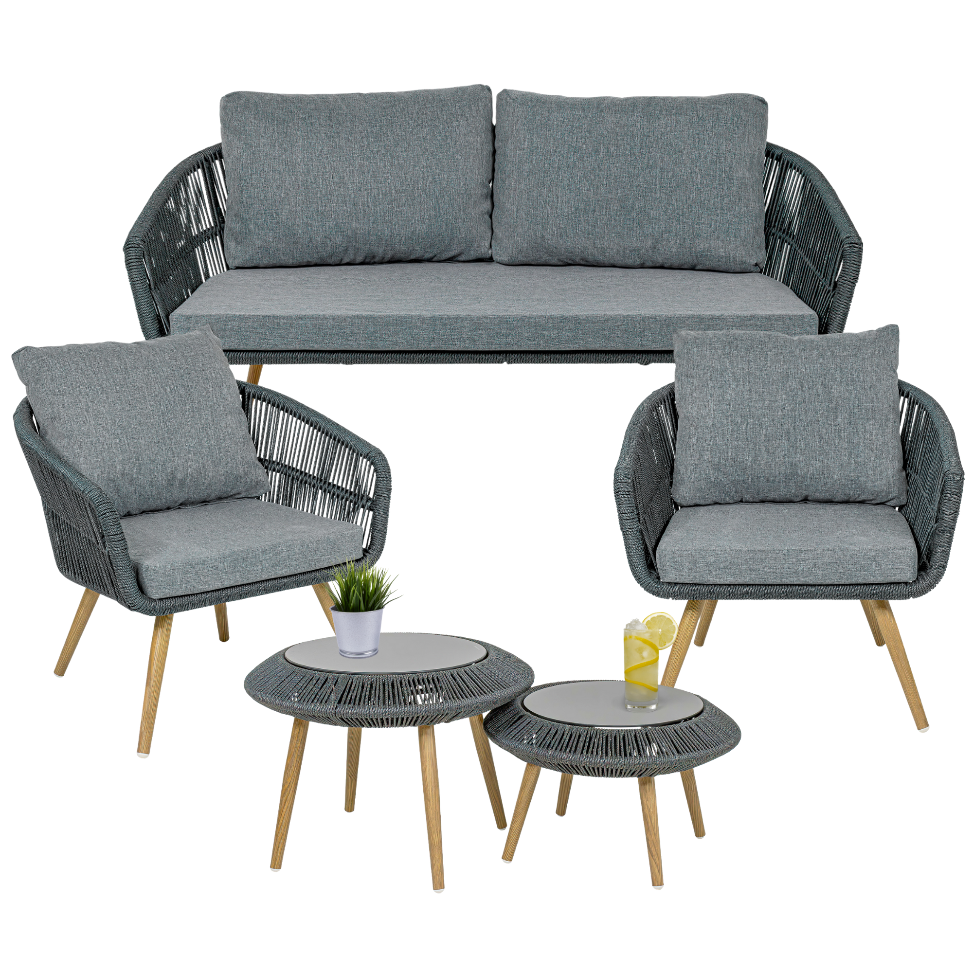 Sala Exterior Jardin Terraza Rattan 5 Pz Doble Mesa Negro .