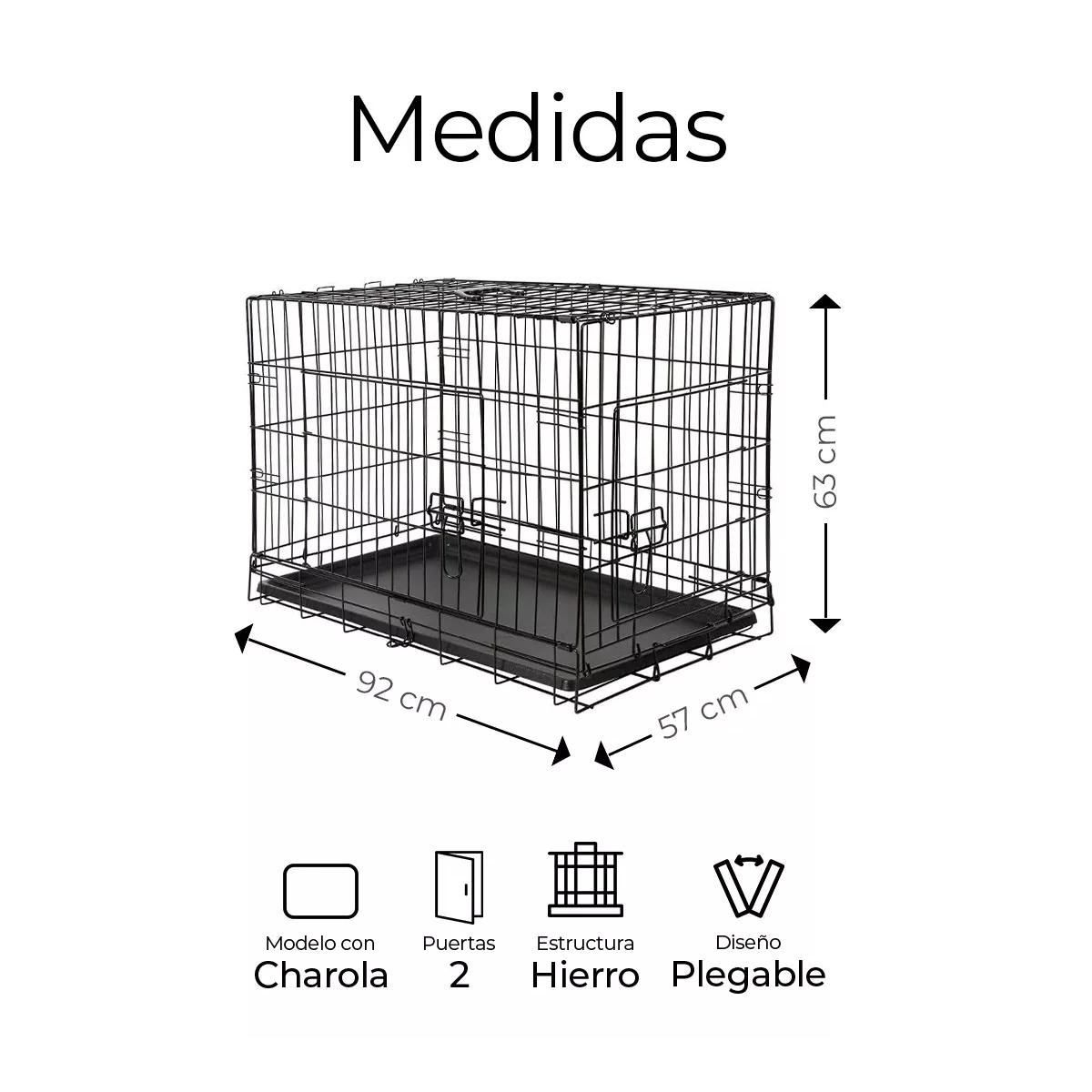 Jaula Plegable Grande Mascota Con Charola 2 Puertas 92x57x63 Color Negro