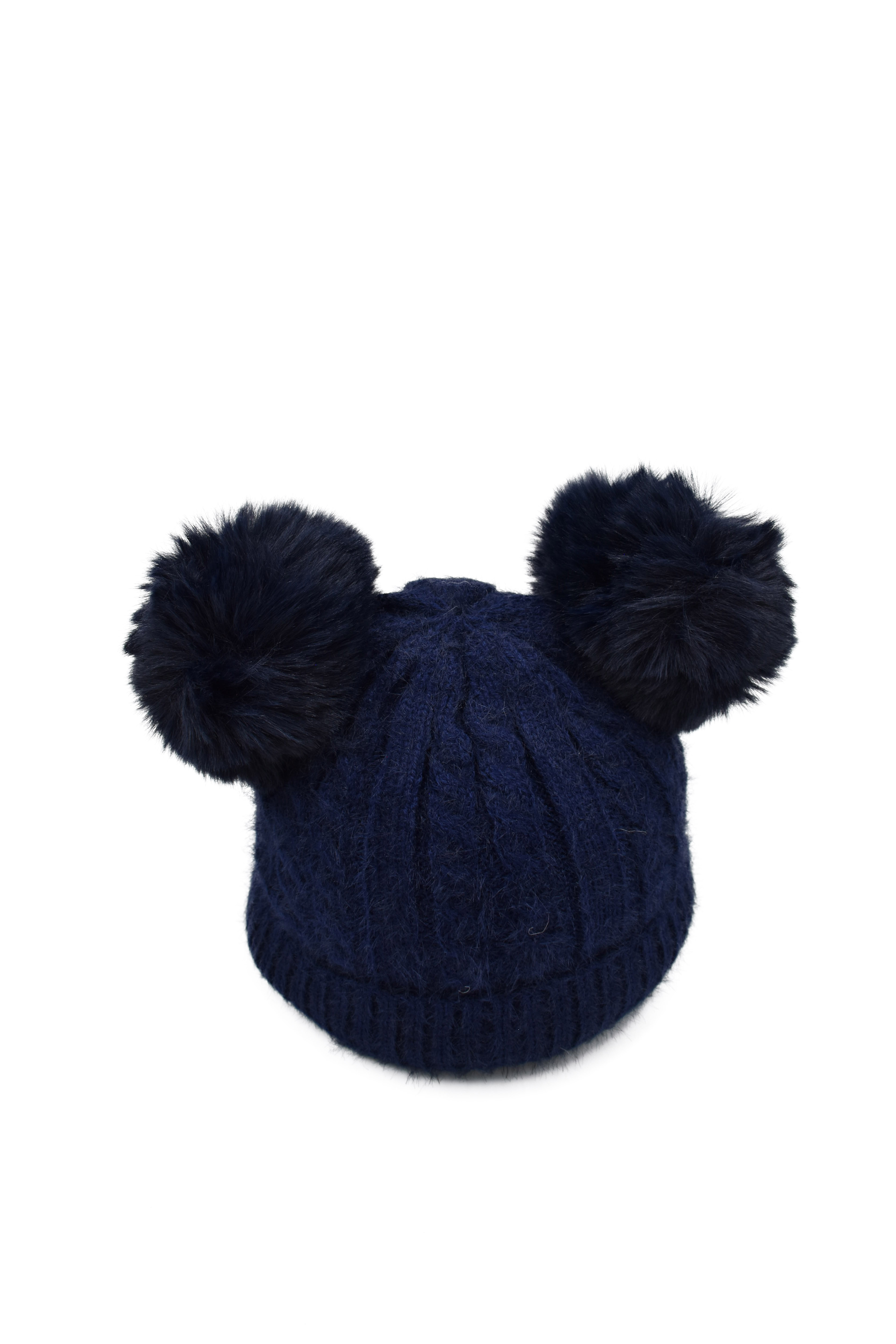 Gorro Tejido Azul Marino Interior Afelpado y Doble Pompón 