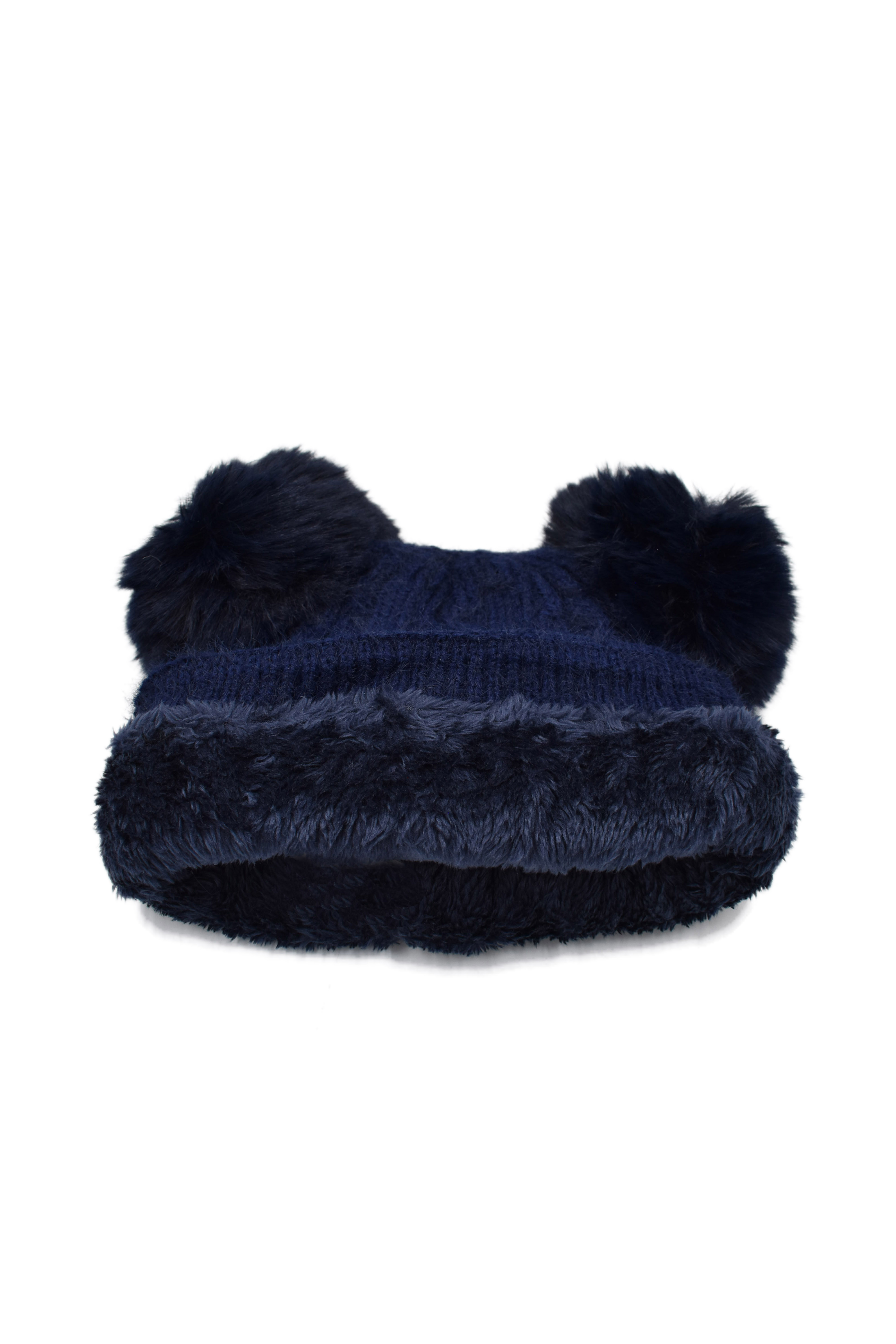 Gorro Tejido Azul Marino Interior Afelpado y Doble Pompón 