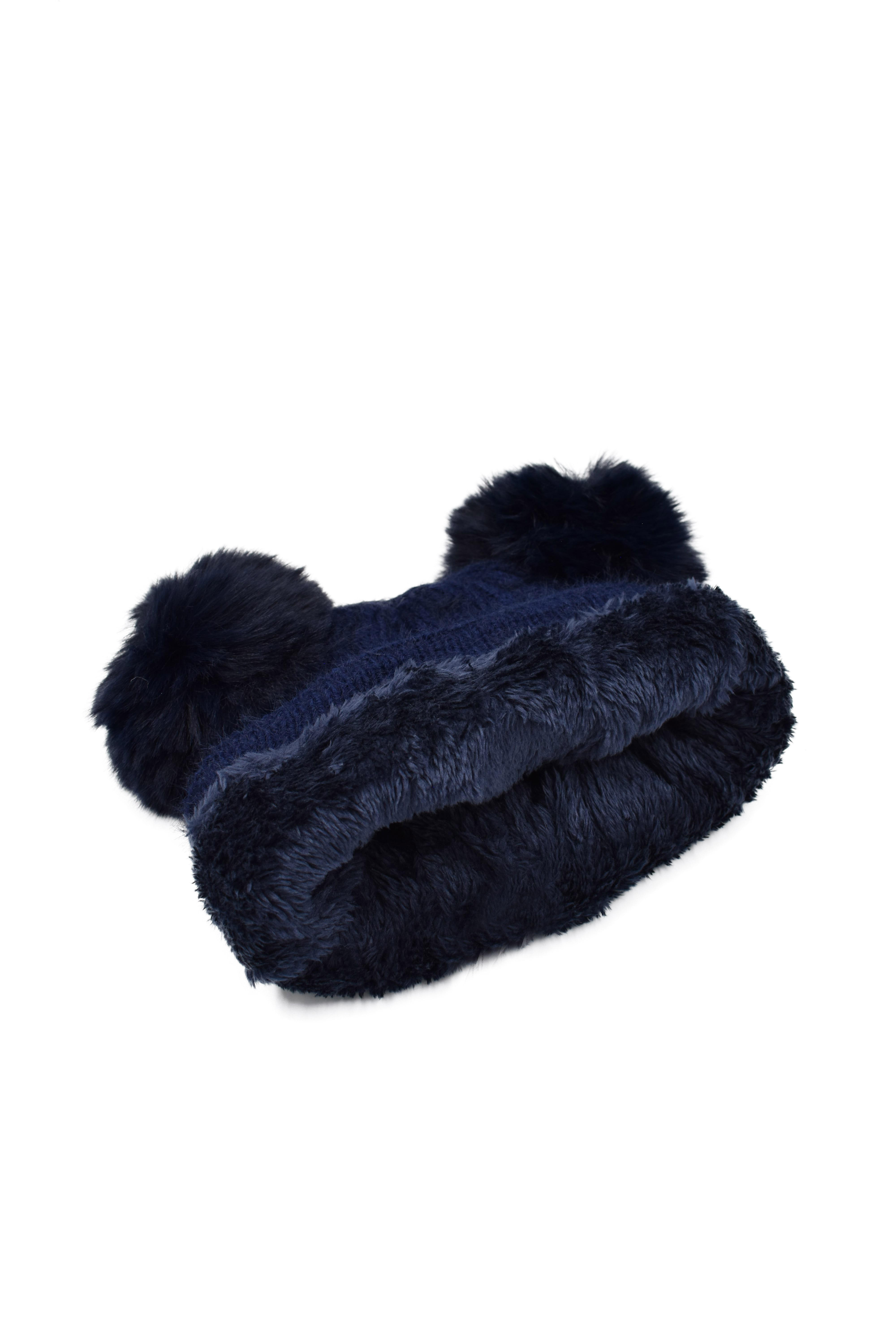 Gorro Tejido Azul Marino Interior Afelpado y Doble Pompón 