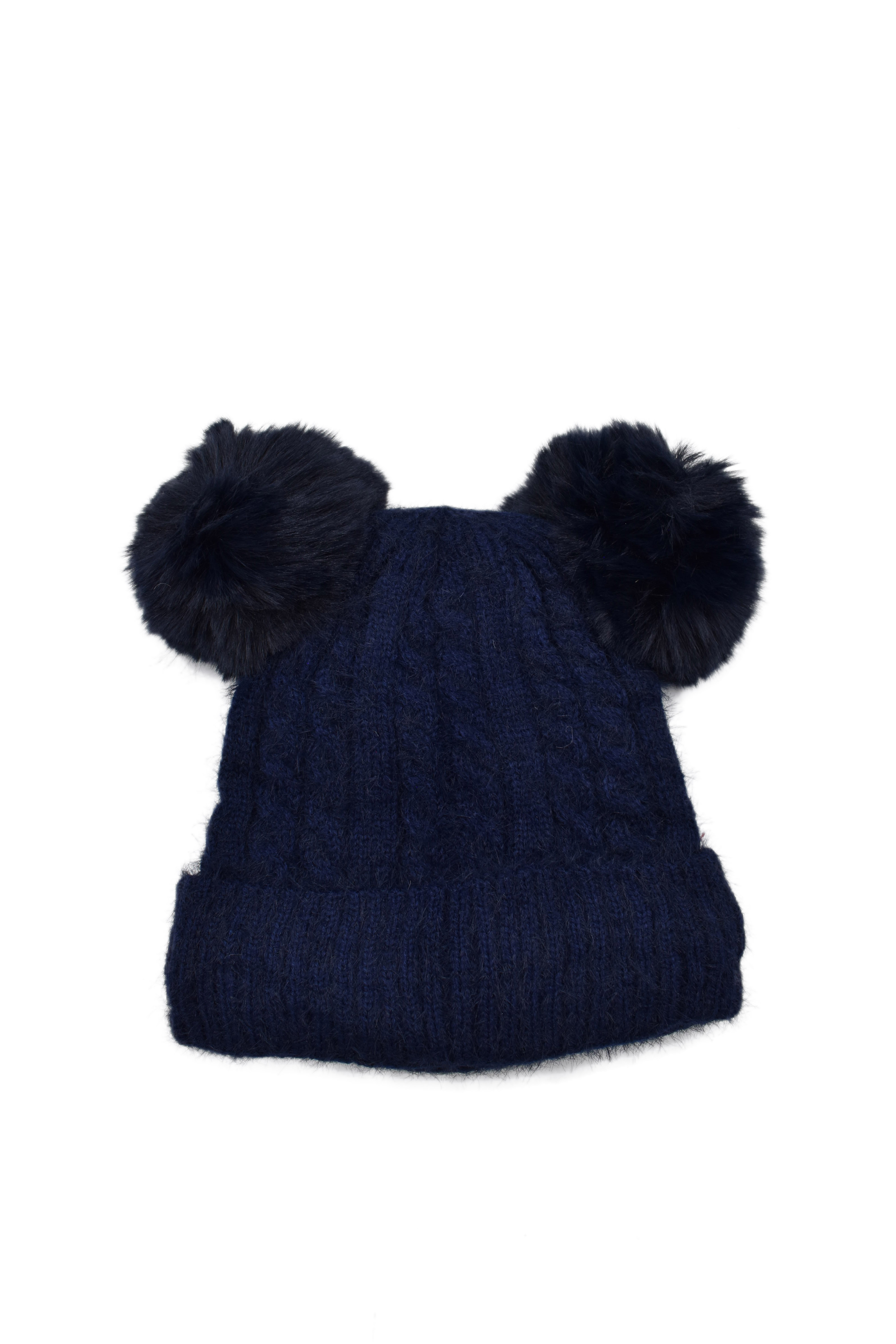Gorro Tejido Azul Marino Interior Afelpado y Doble Pompón 