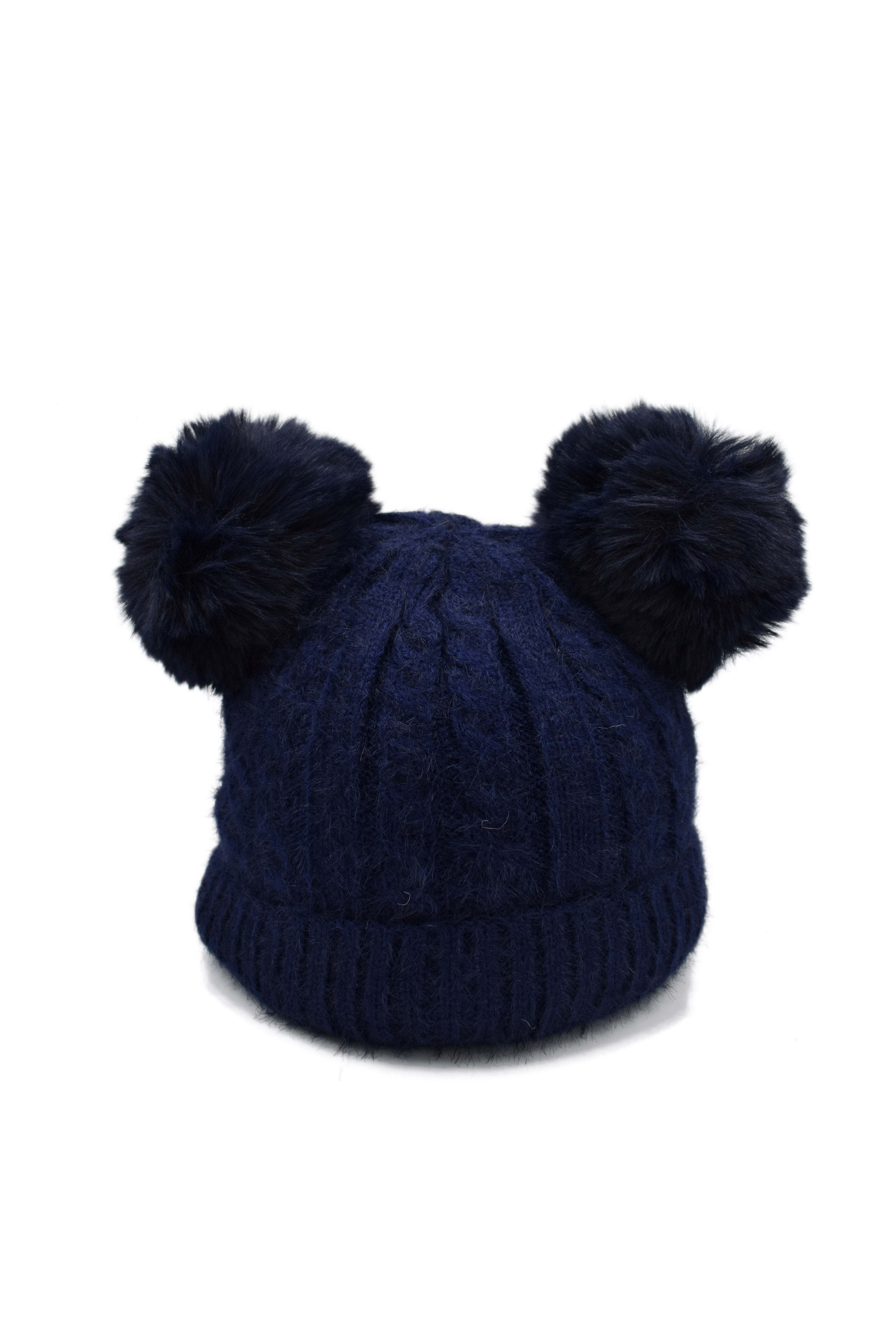 Gorro Tejido Azul Marino Interior Afelpado y Doble Pompón 
