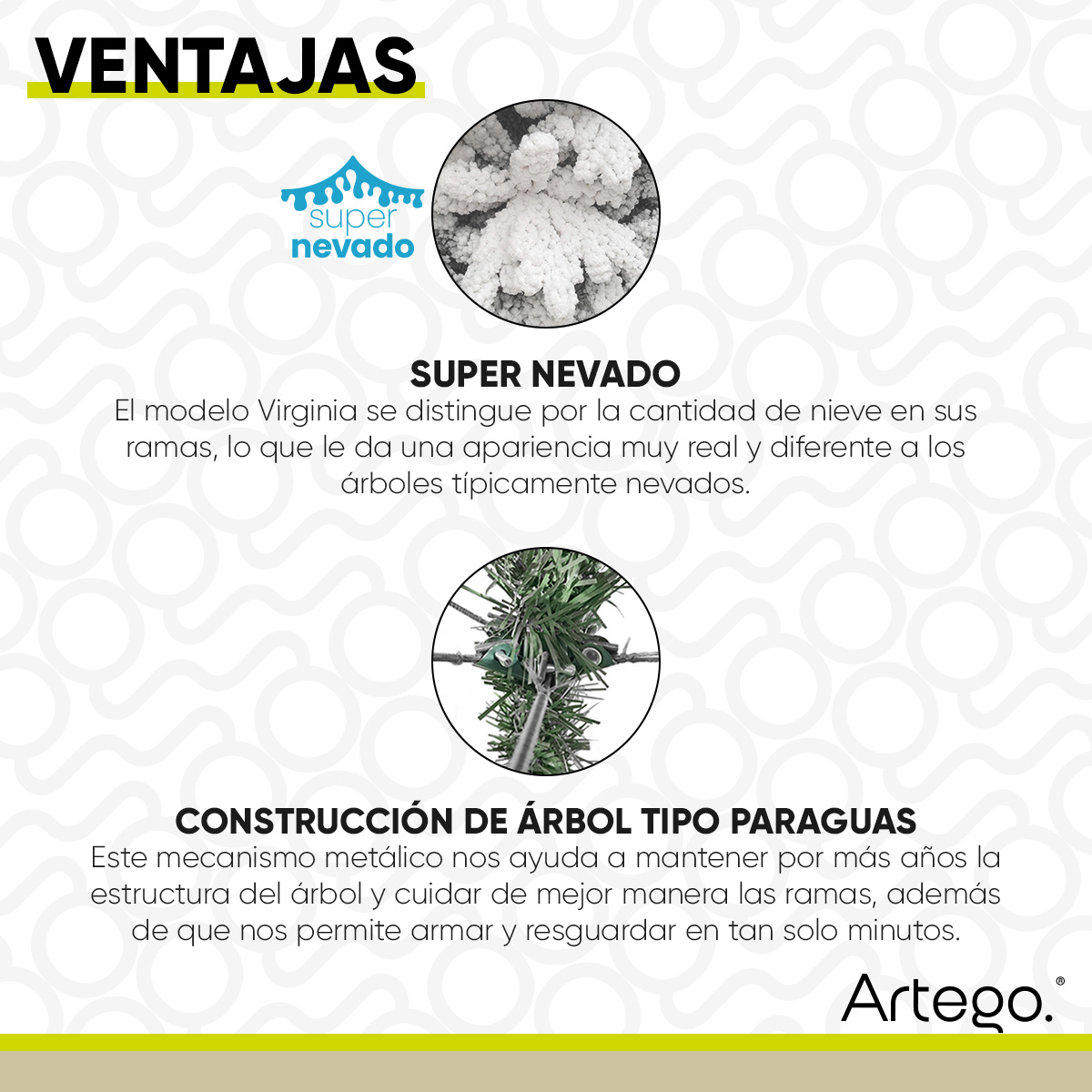Árbol De Navidad Super Nevado Virginia Oak 2500 Ramas Premium Material Polietileno (pe) Pino Navideño 220 Cm De Alto con base de metal + maleta transportadora Christmas Tree Artego