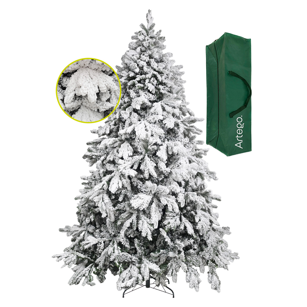 Árbol De Navidad Super Nevado Virginia Oak 2500 Ramas Premium Material Polietileno (pe) Pino Navideño 220 Cm De Alto con base de metal + maleta transportadora Christmas Tree Artego
