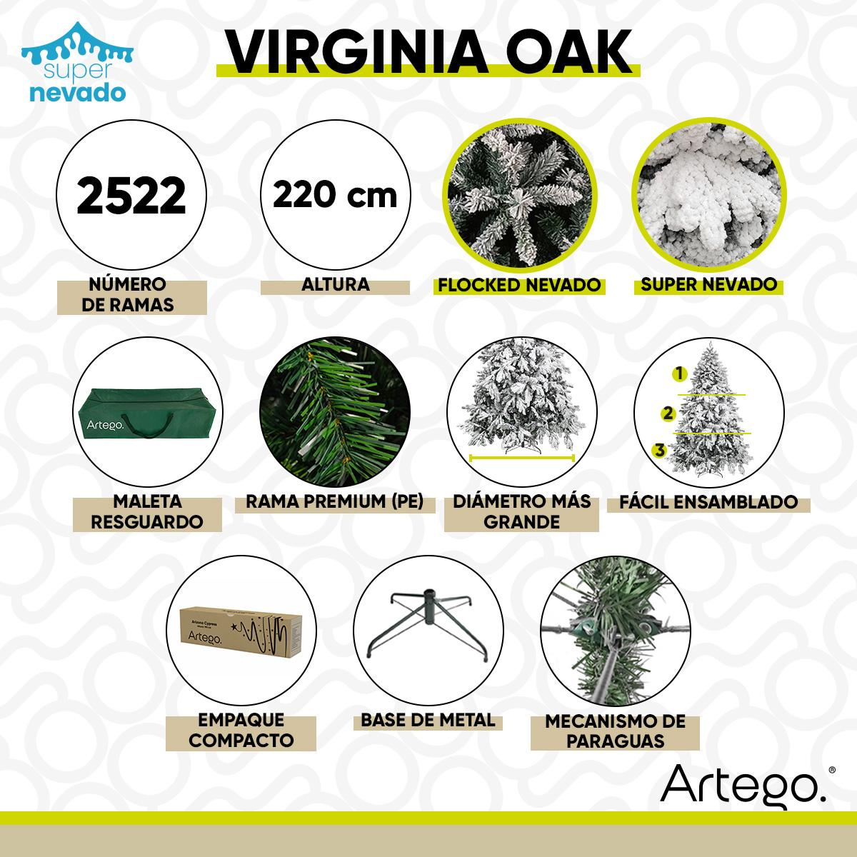 Árbol De Navidad Super Nevado Virginia Oak 2500 Ramas Premium Material Polietileno (pe) Pino Navideño 220 Cm De Alto con base de metal + maleta transportadora Christmas Tree Artego