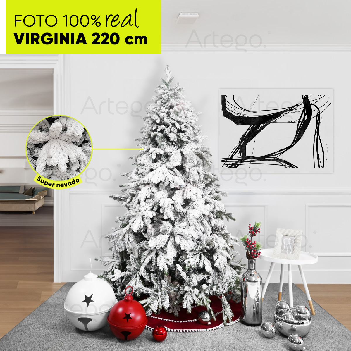 Árbol De Navidad Super Nevado Virginia Oak 2500 Ramas Premium Material Polietileno (pe) Pino Navideño 220 Cm De Alto con base de metal + maleta transportadora Christmas Tree Artego