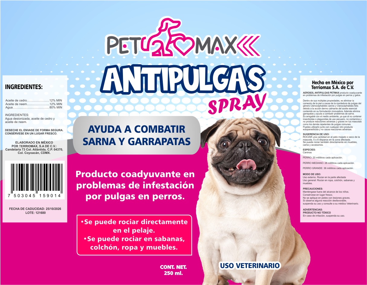 Repelente Spray para pulgas y garrapatas Petmax 250 ML