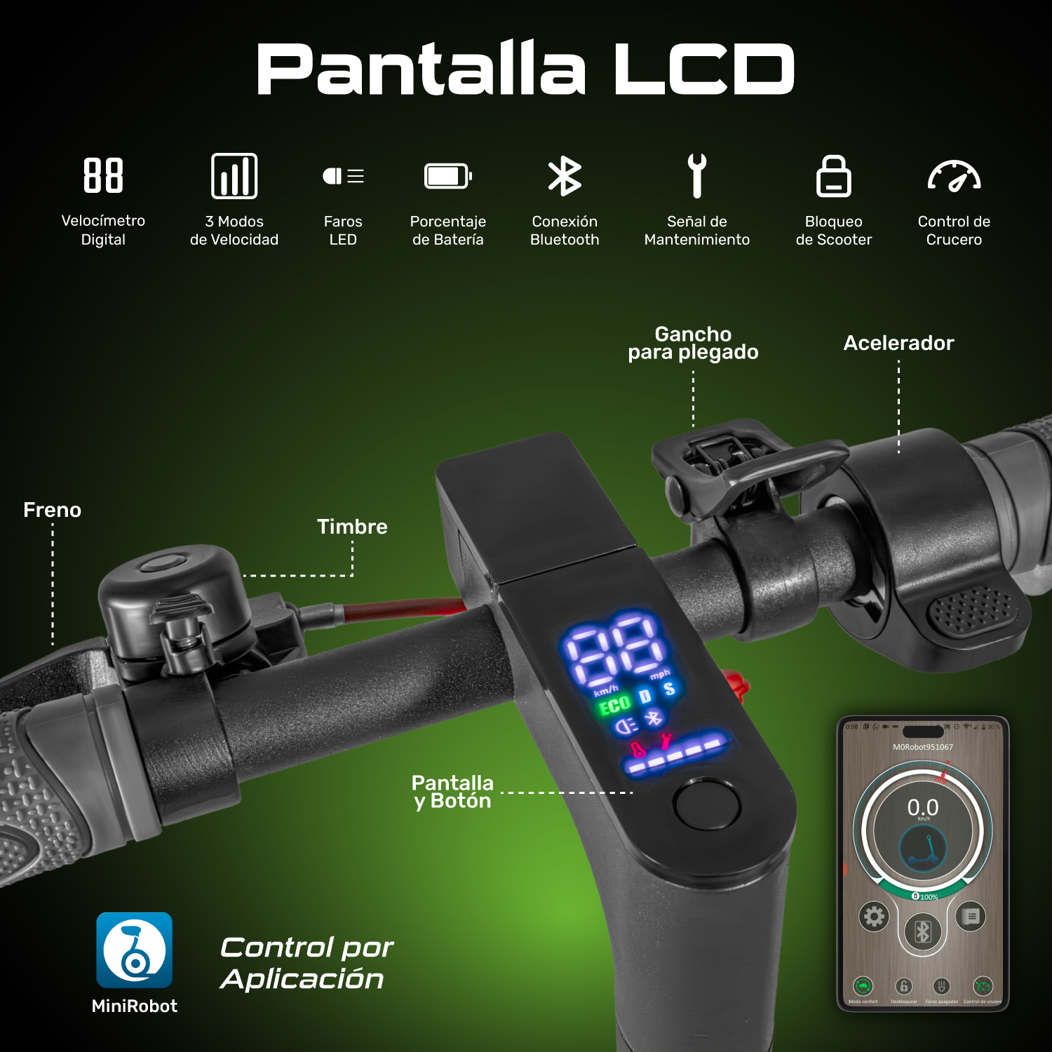 Scooter Electrico Plegable Pantalla Lcd 30km/h Luz Led 350 W Negro