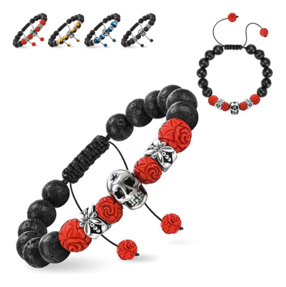 Pulsera Calavera Vintage Piedra De Lava Ojo De Tigre Hombre, Rojo/Negro
