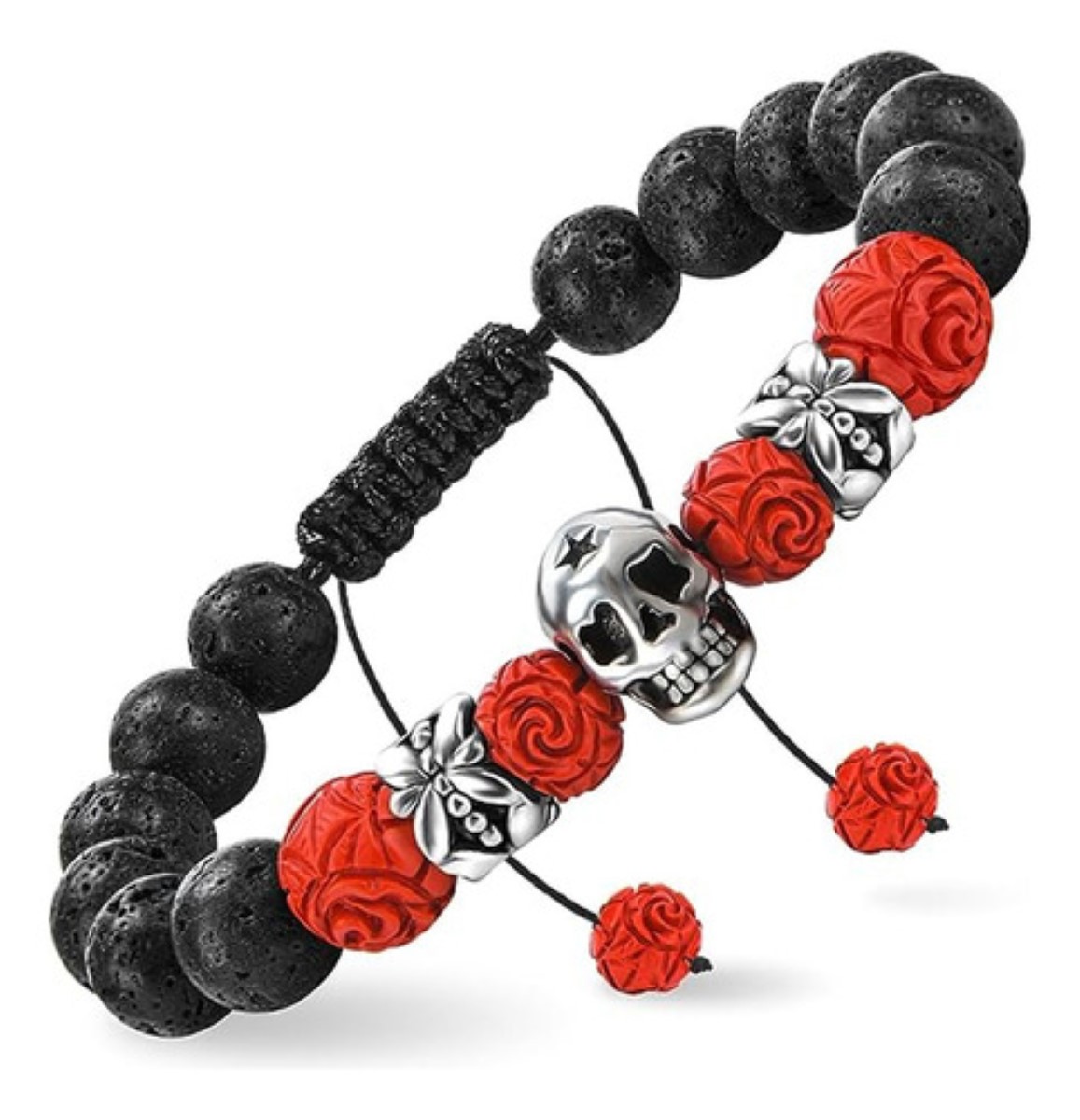 Pulsera Calavera Vintage Piedra De Lava Ojo De Tigre Hombre, Rojo/Negro