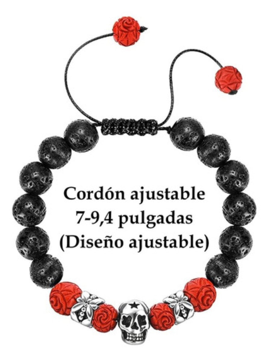 Pulsera Calavera Vintage Piedra De Lava Ojo De Tigre Hombre, Rojo/Negro