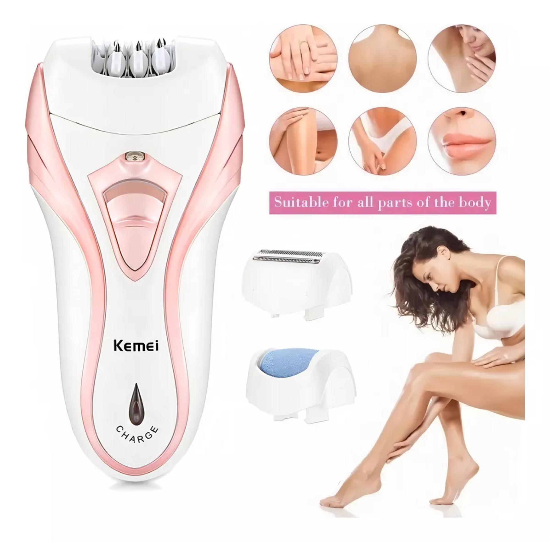 Depiladora eléctrica inalámbrica Kemei KM-3010 color blanco y rosa 110V/220V.