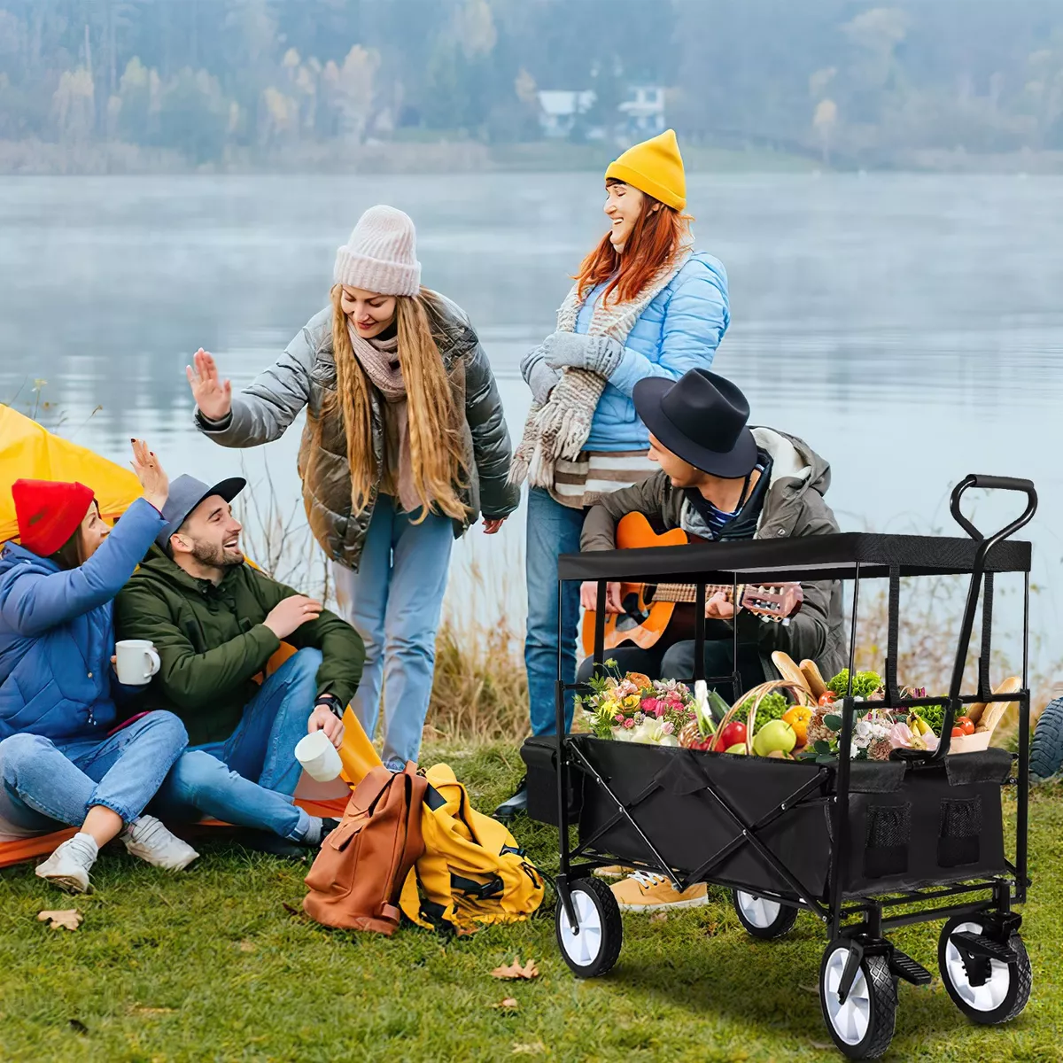 Carrito Vagón Plegable Techo Multiuso Camping Marco De Carga Negro
