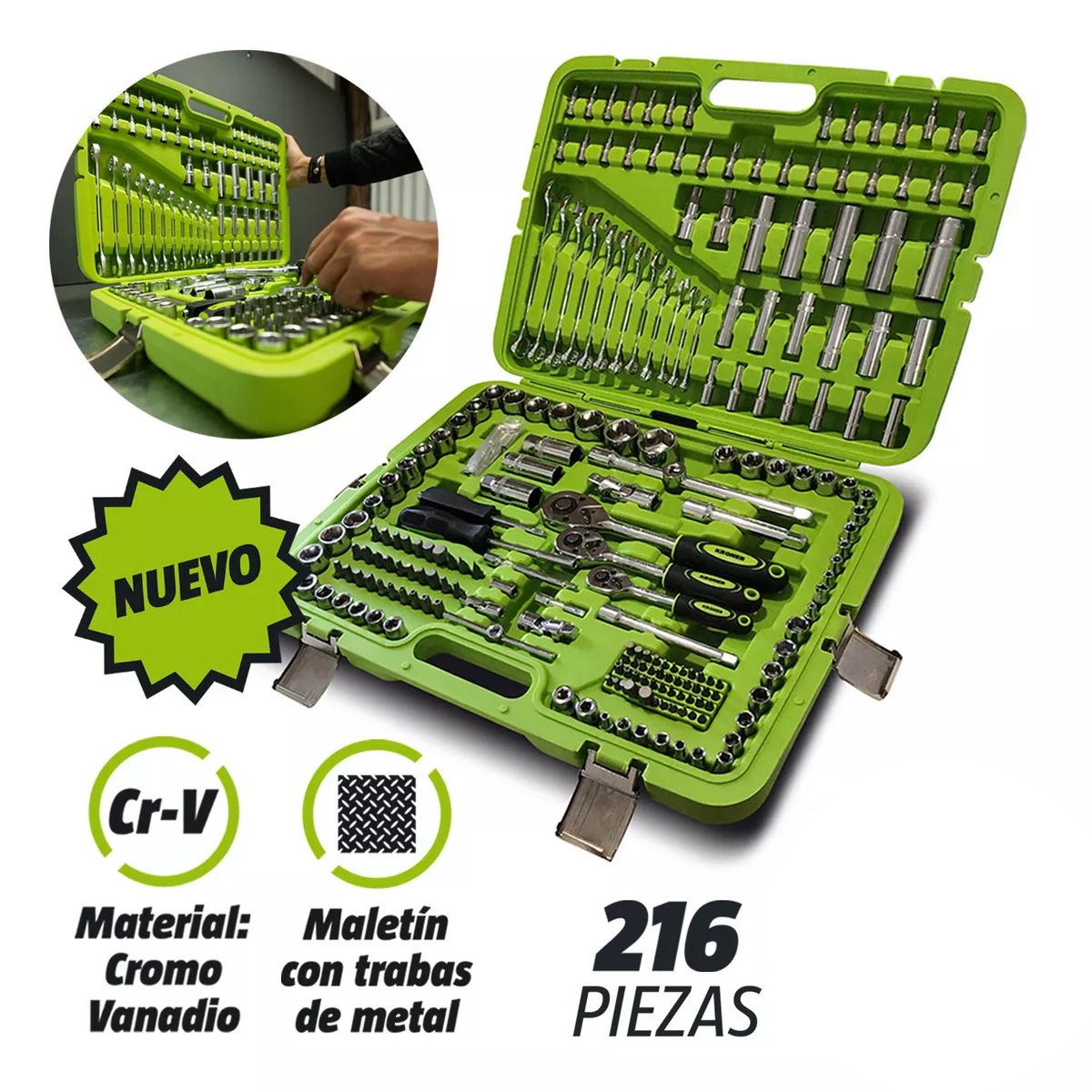 Kit Juego De Dados Llaves Y Puntas 216 Pzas Cromo V. Color Verde lima