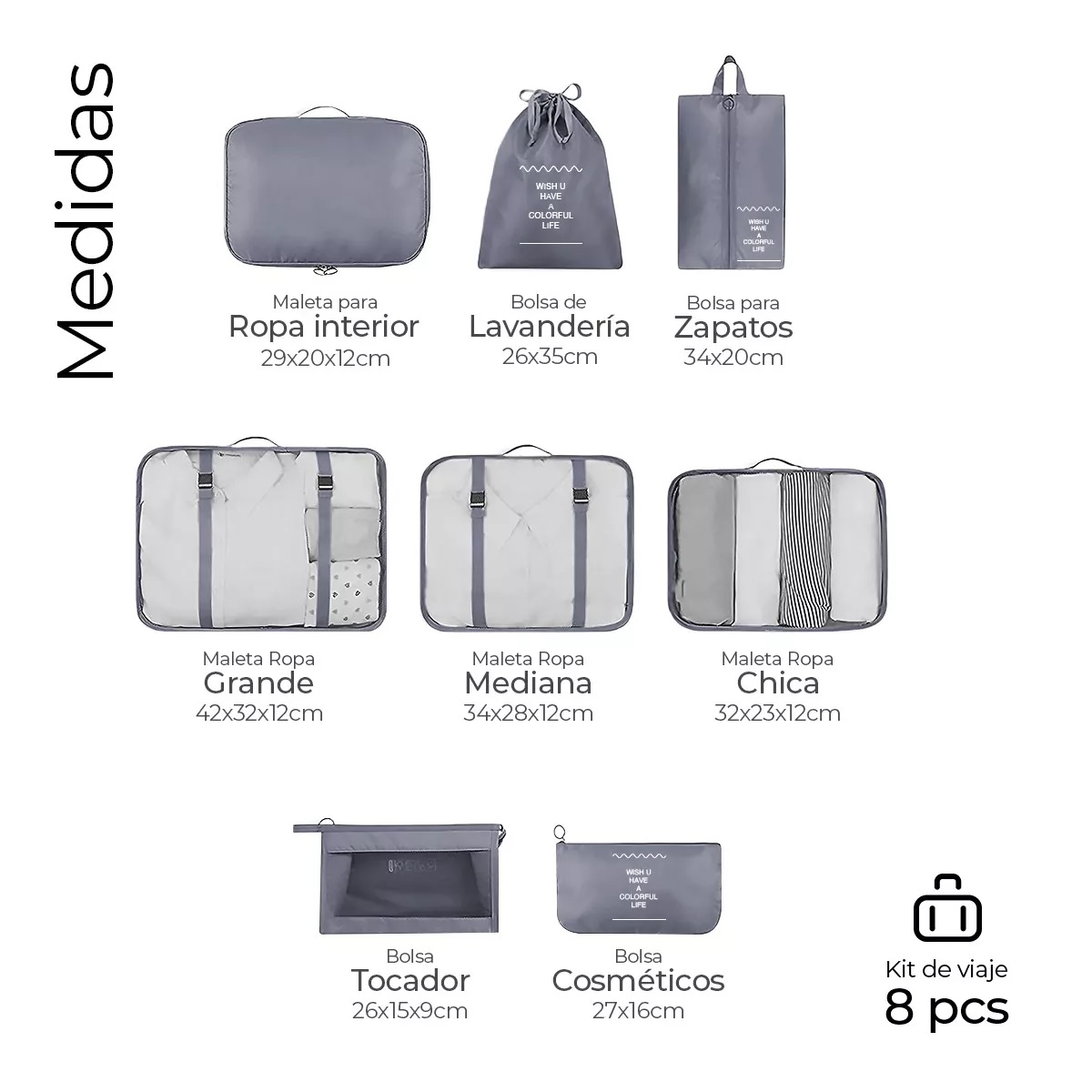Organizadores De Maletas Para Viaje Impermeable Set 8 Piezas Color Gris
