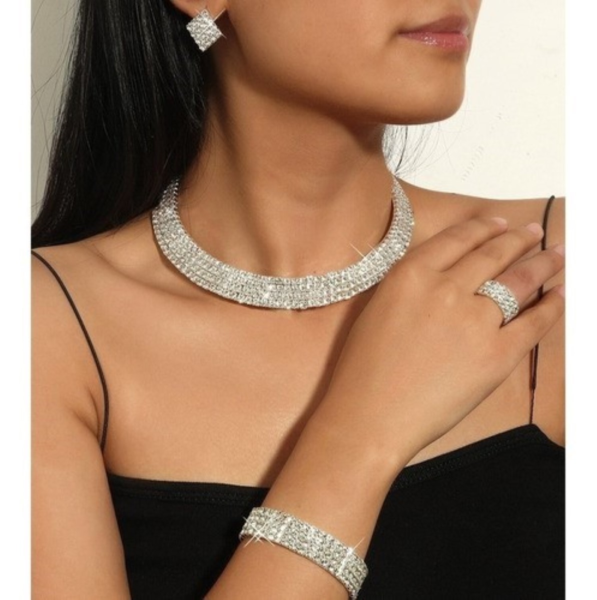 Conjunto De Joyas De Lujo Collar Pendientes Pulsera Anillo plata