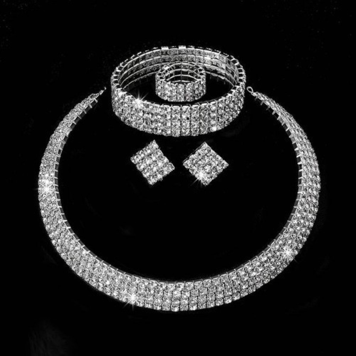 Conjunto De Joyas De Lujo Collar Pendientes Pulsera Anillo plata