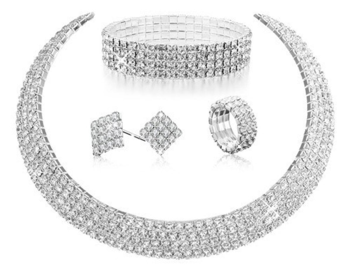 Conjunto De Joyas De Lujo Collar Pendientes Pulsera Anillo plata
