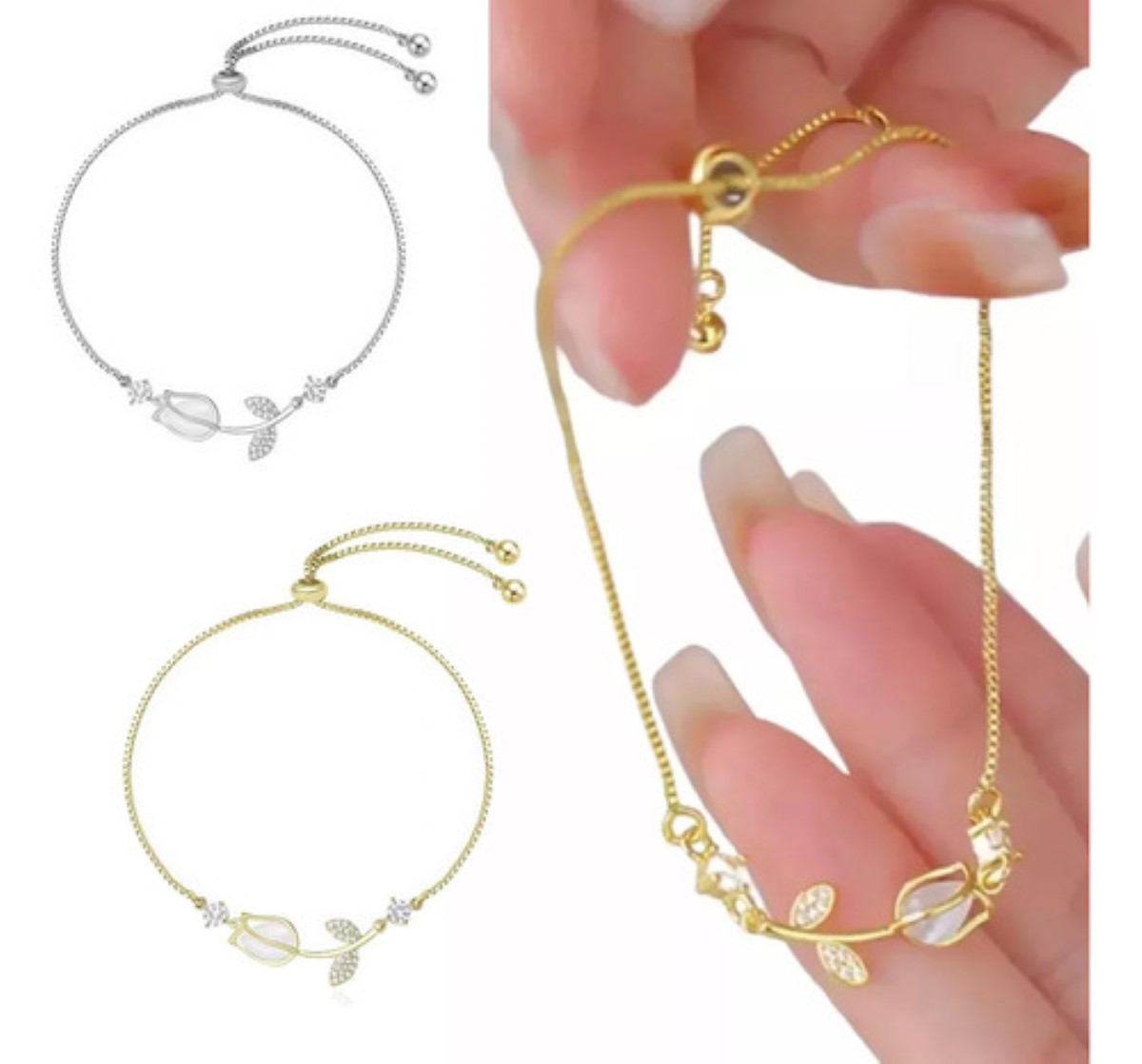 2pz Pulsera Para Dama Hermoso Tulipán Sofisticado Y Elegante color Oro