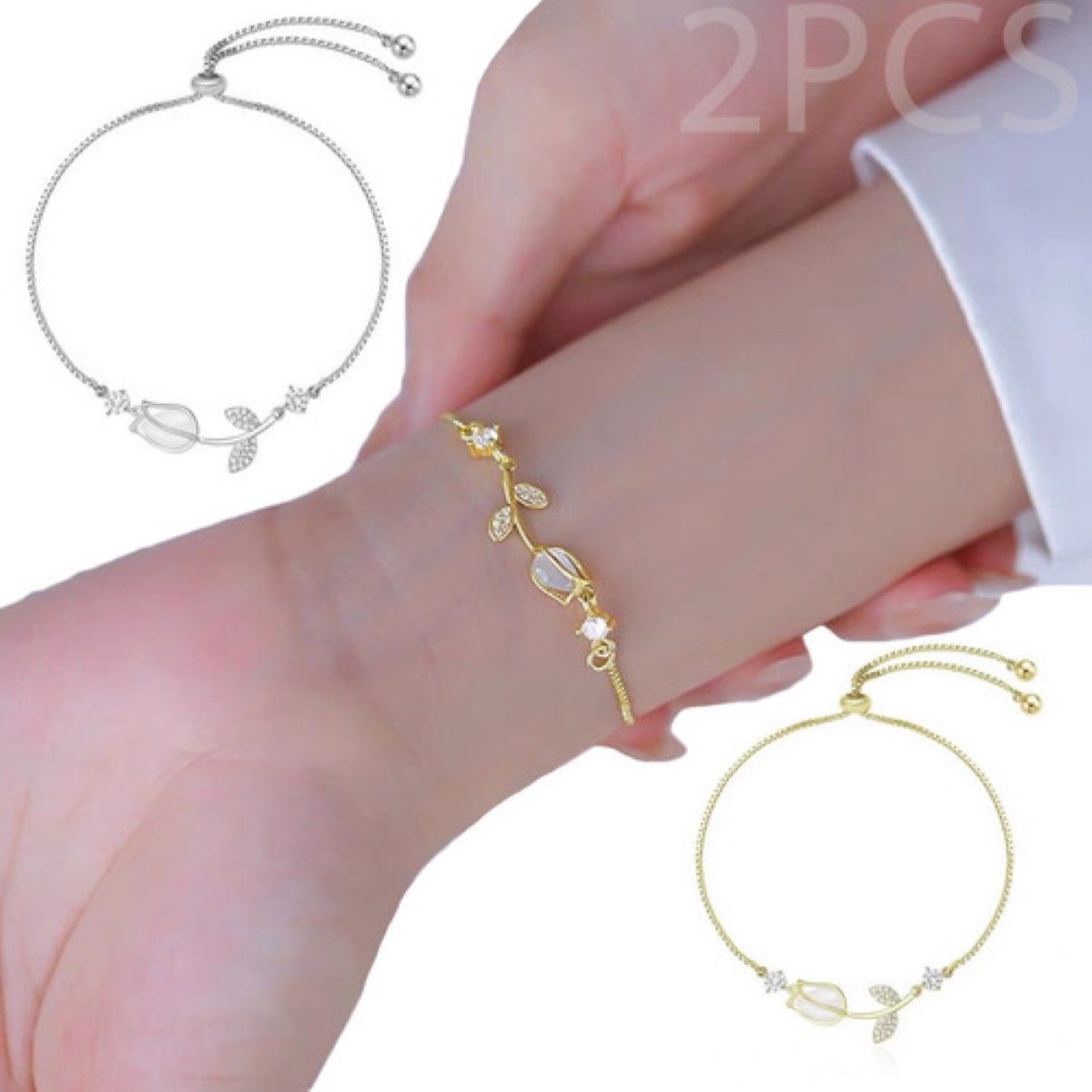 2pz Pulsera Para Dama Hermoso Tulipán Sofisticado Y Elegante color Oro