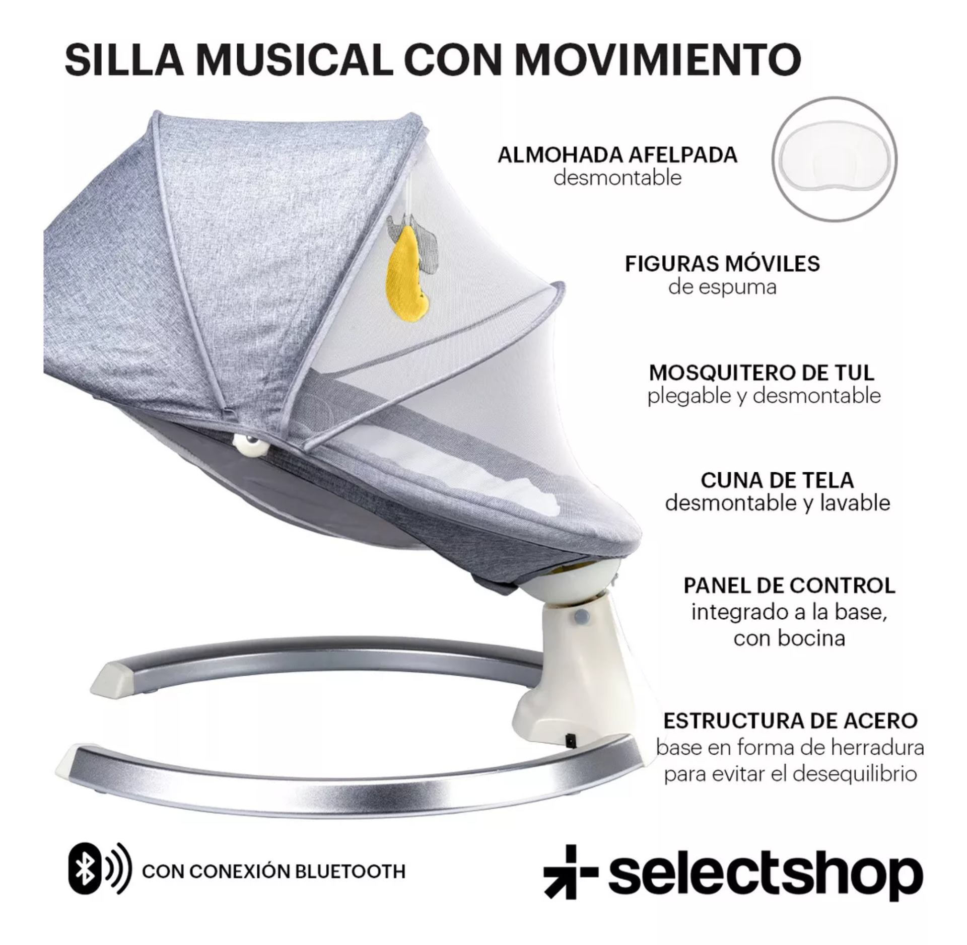 Mecedora eléctrica acero SelectShop para bebe resistente con movimiento 4 velocidades incluye bocina melodías clásicas asiento cama acojinado conexión bluetooth control remoto