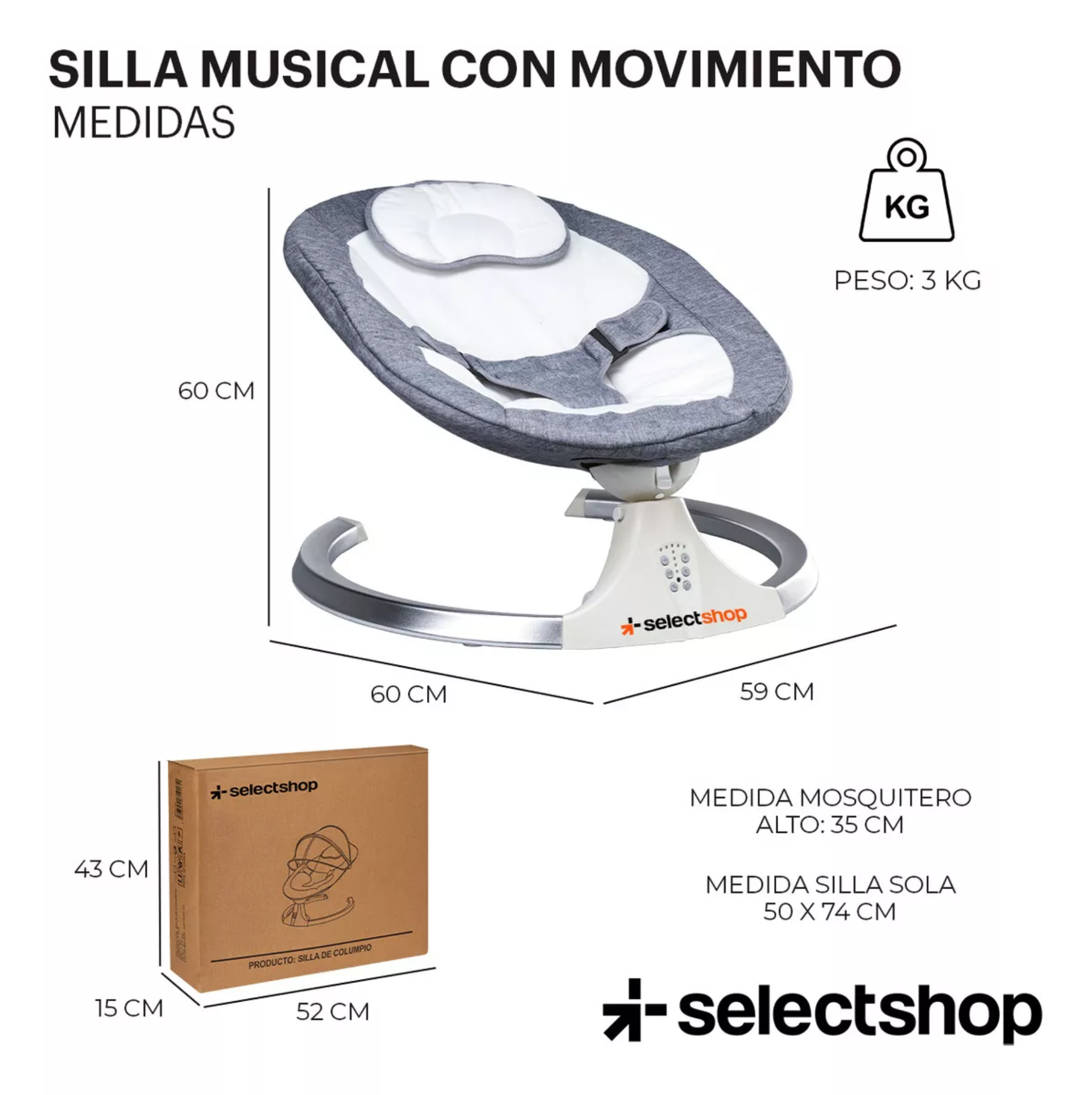 Mecedora eléctrica acero SelectShop para bebe resistente con movimiento 4 velocidades incluye bocina melodías clásicas asiento cama acojinado conexión bluetooth control remoto