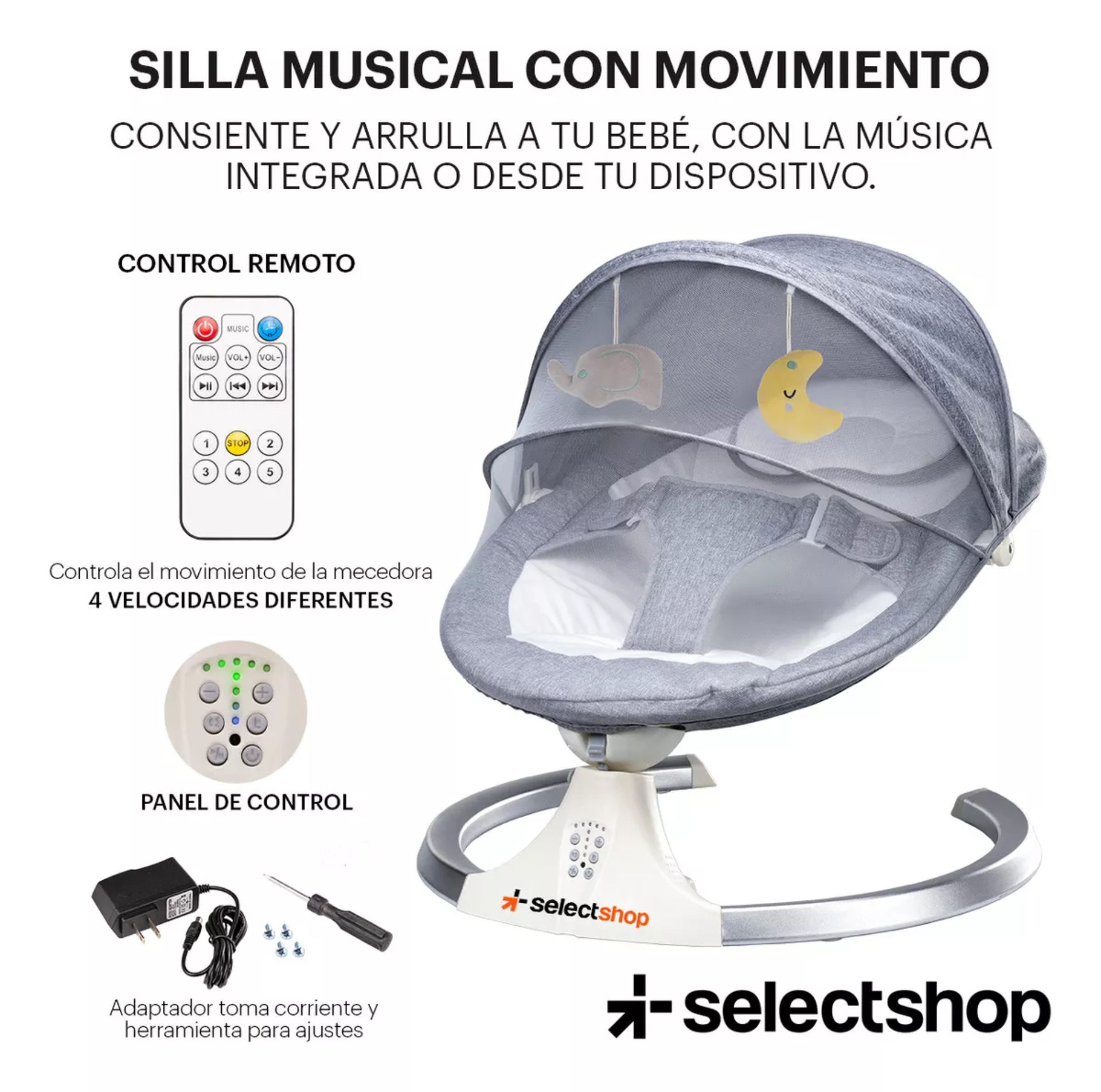 Mecedora eléctrica acero SelectShop para bebe resistente con movimiento 4 velocidades incluye bocina melodías clásicas asiento cama acojinado conexión bluetooth control remoto