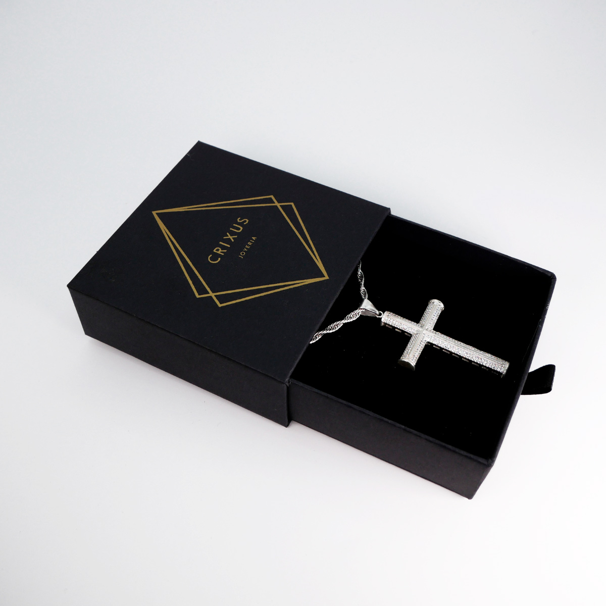 Collar cadena cruz plata .925 hombre torzal piedra zirconia 