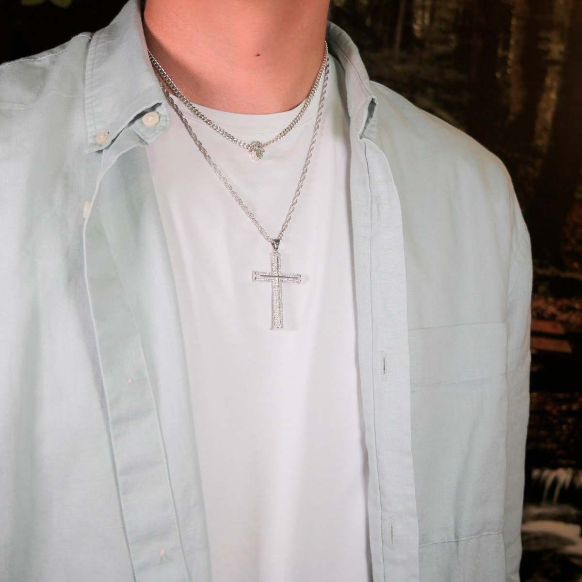 Collar cadena cruz plata .925 hombre torzal piedra zirconia 