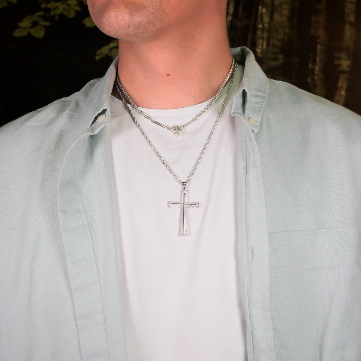 Collar cadena cruz plata .925 hombre torzal piedra zirconia 