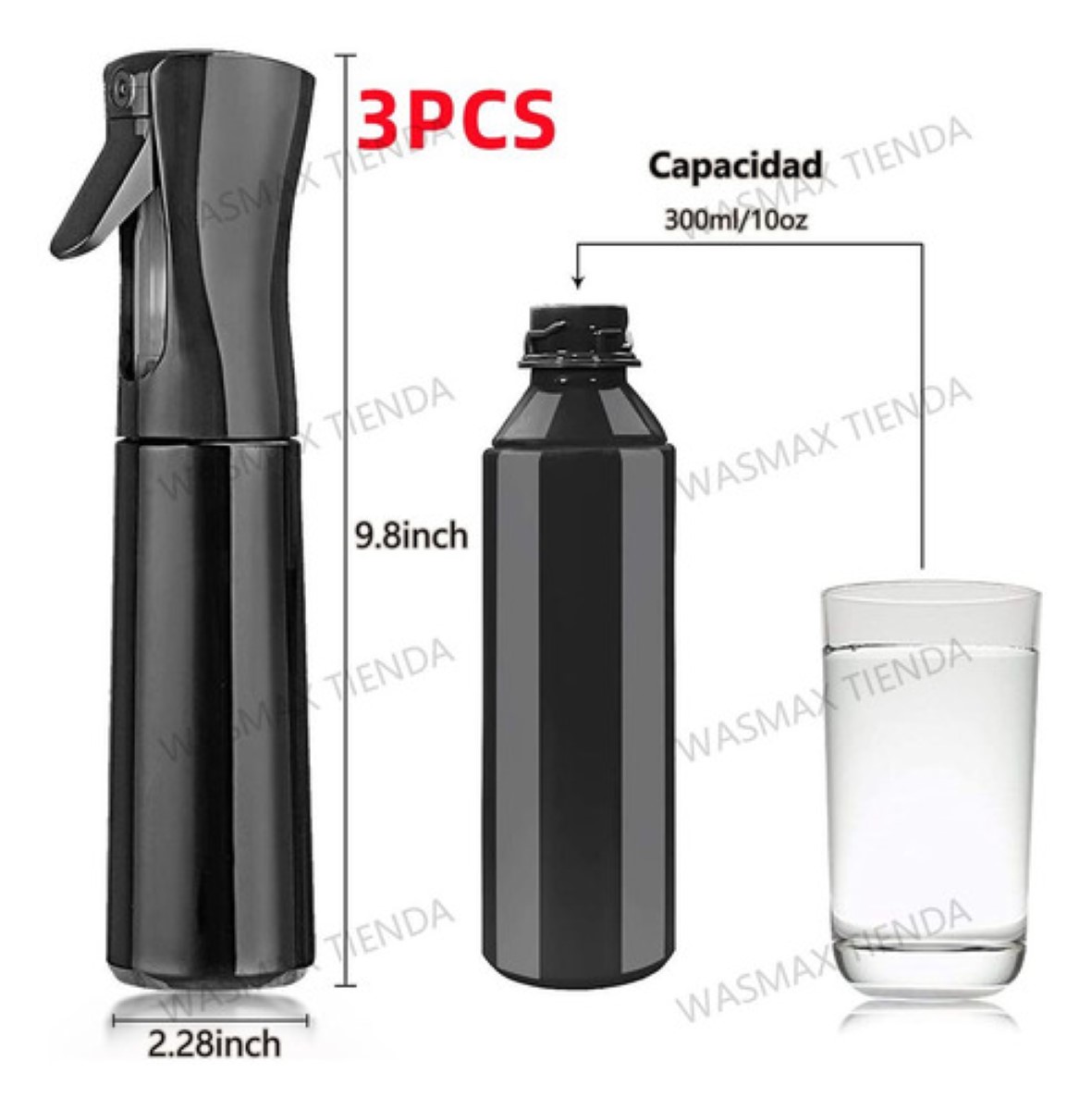Botella Spray Atomizador De Alta Presión Peluquería,300 Ml 3 pzs negro