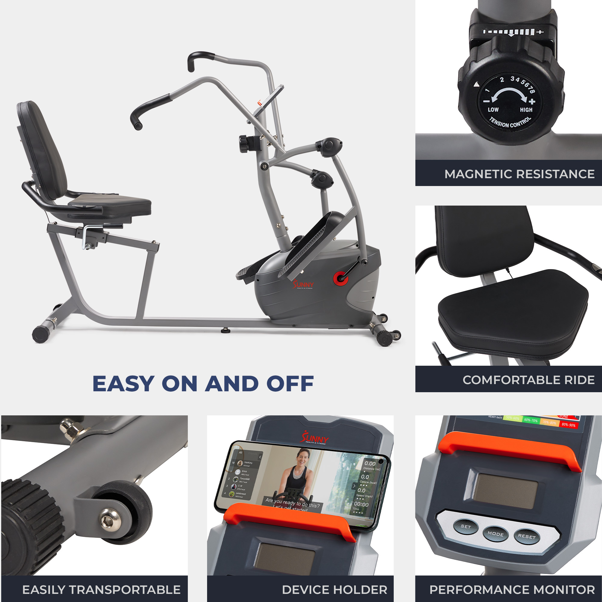 Bicicleta Recumbente Sunny Health & Fitness con Brazos Moviles