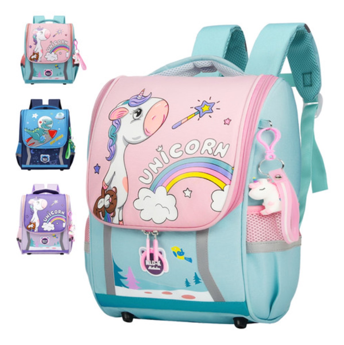 Mochila Primaria Escolar Con Kawaii Unicornio Verde con Rosa